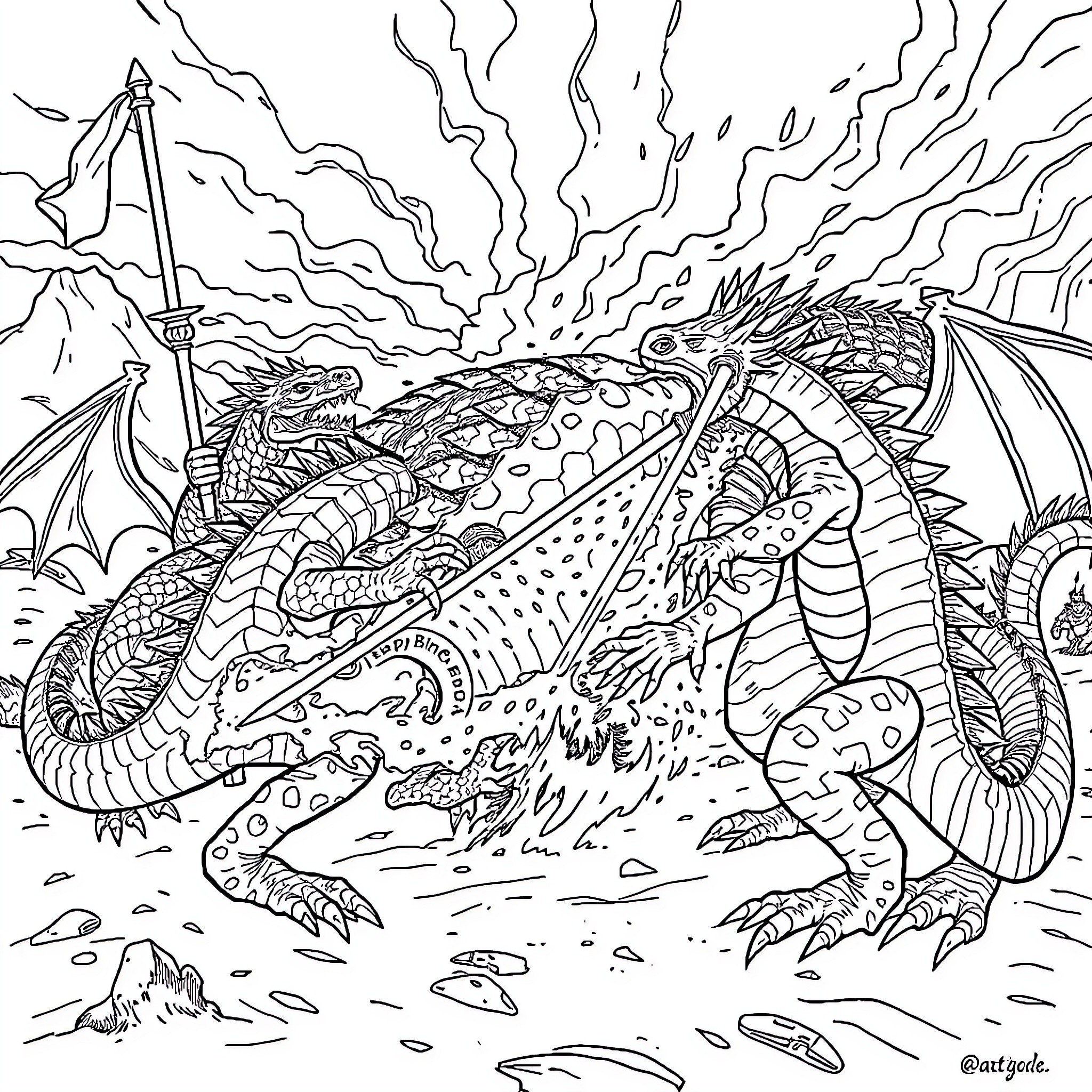 Argonian Dragon Conjuring Elemental Storm Coloring Page (free black-and-white line drawing printable PDF for all, from beginners to advanced learners, including children, teens, adults, and seniors)