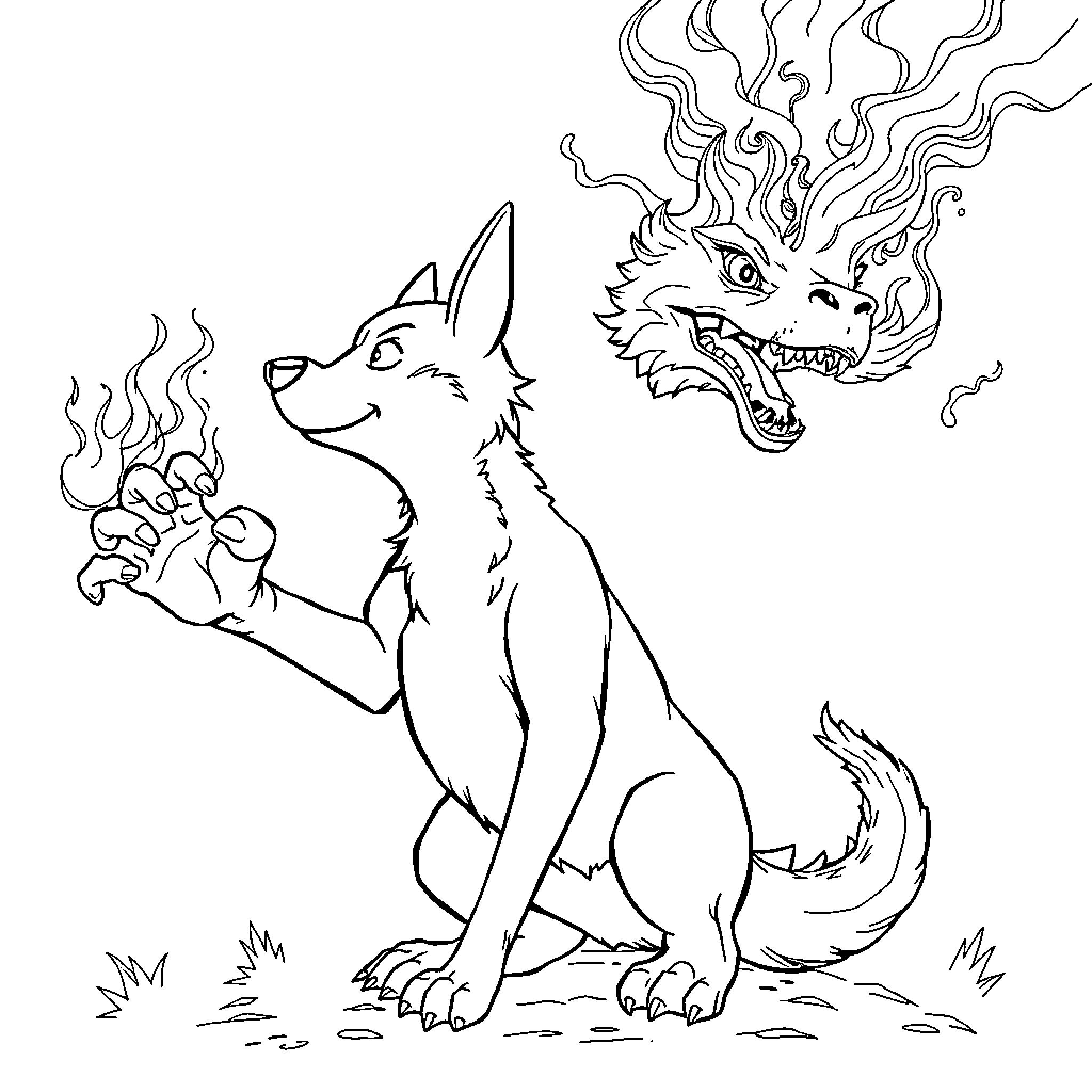 Dog facing fierce dragon-like creature Coloring Page (free black-and-white line drawing printable PDF for all, from beginners to advanced learners, including children, teens, adults, and seniors)