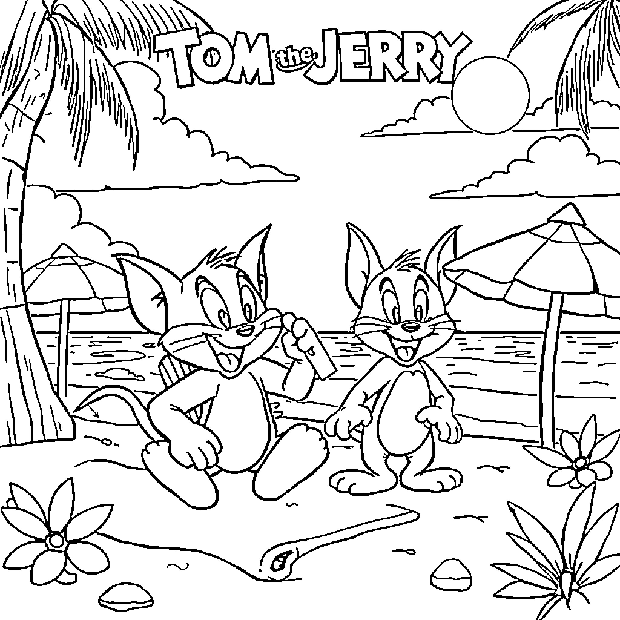 Tom and Jerry enjoying summer vacation on the beach Coloring Page (free black-and-white line drawing printable PDF for all, from beginners to advanced learners, including children, teens, adults, and seniors)