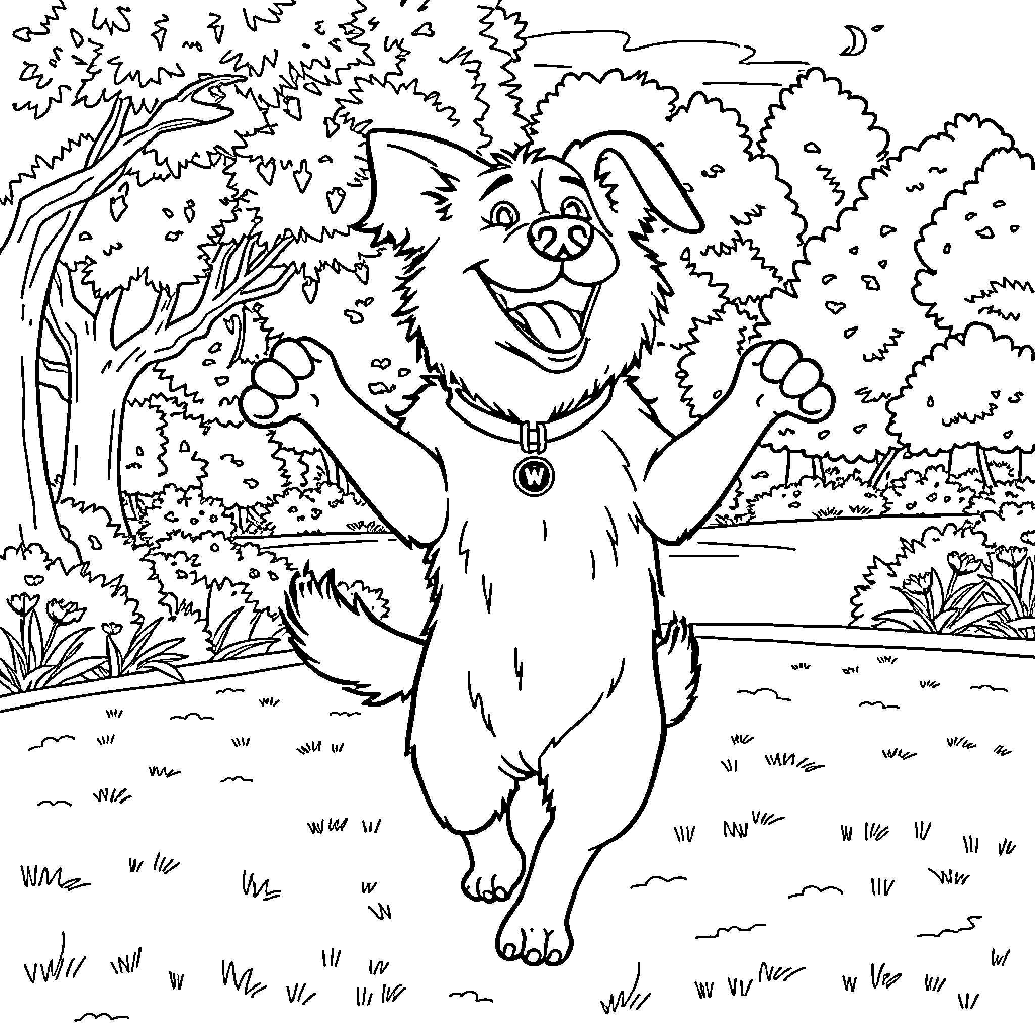 Dog Running Happily in the Forest Coloring Page (free black-and-white line drawing printable PDF for all, from beginners to advanced learners, including children, teens, adults, and seniors)