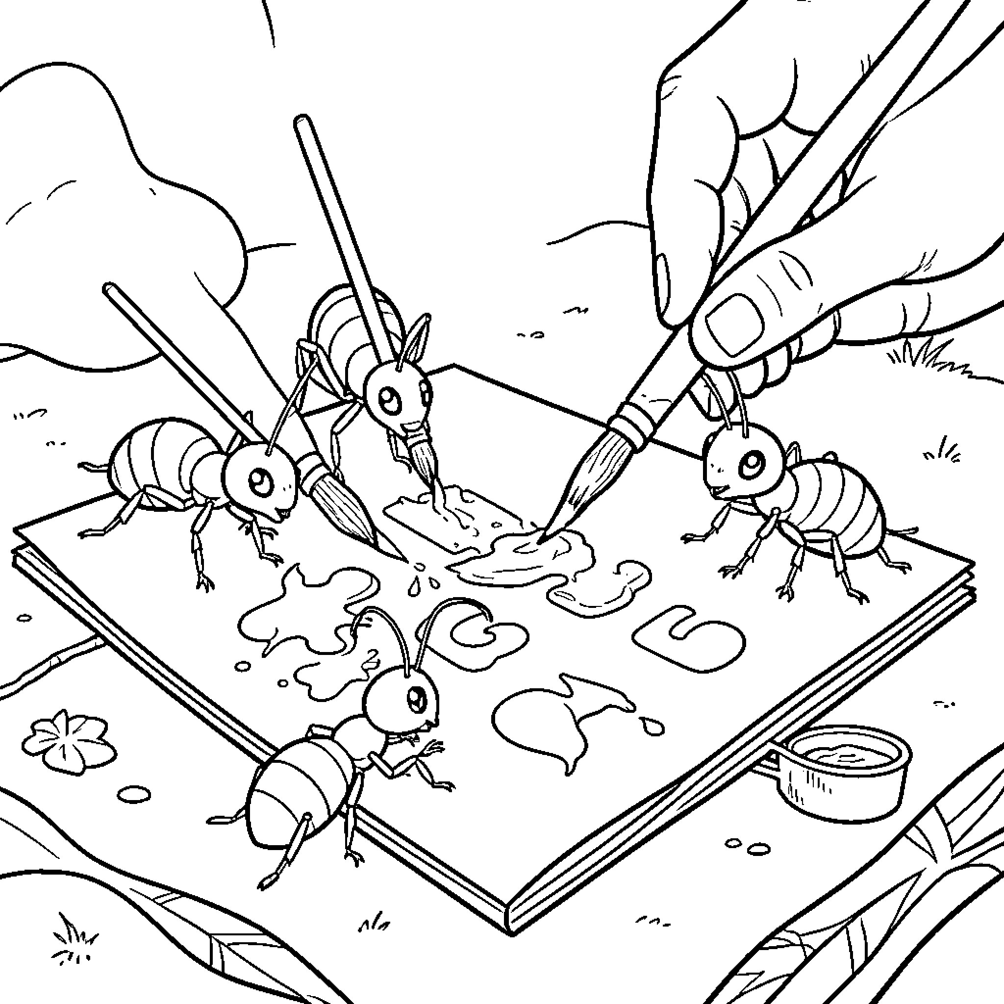 Ants Exploring and Feasting on a Colorful Drawing Coloring Page (free black-and-white line drawing printable PDF for all, from beginners to advanced learners, including children, teens, adults, and seniors)