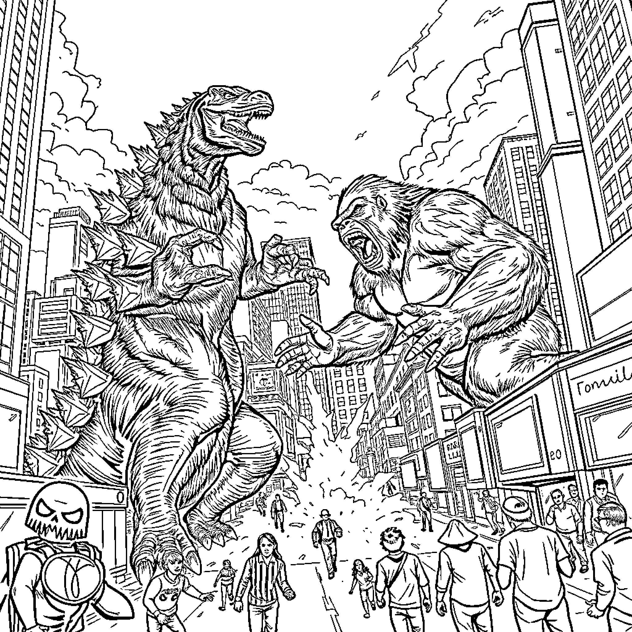 Godzilla Rampaging Through the City with Mighty Foes Coloring Page (free black-and-white line drawing printable PDF for all, from beginners to advanced learners, including children, teens, adults, and seniors)