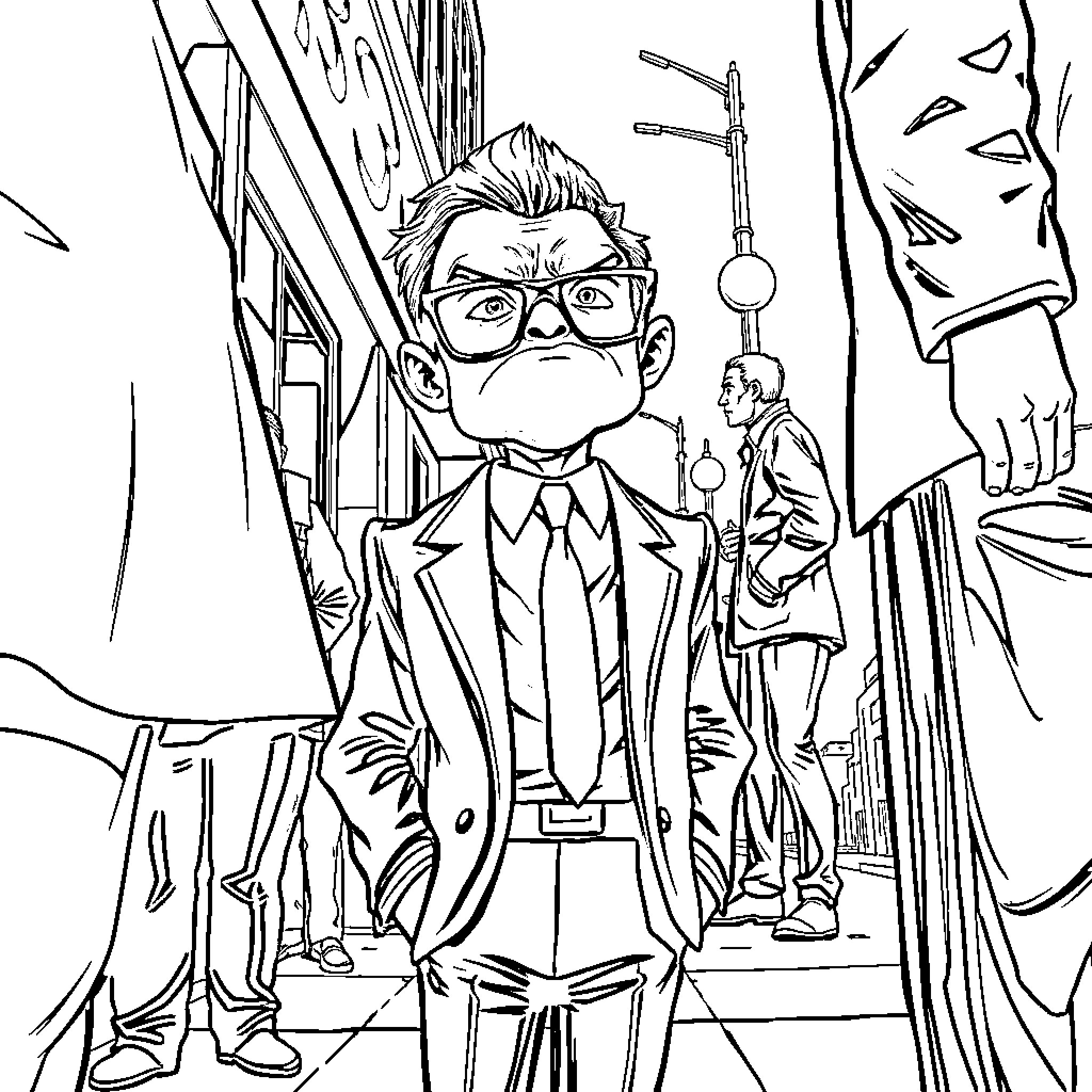 Man in Glasses Stands in Busy City Scene Coloring Page (free black-and-white line drawing printable PDF for all, from beginners to advanced learners, including children, teens, adults, and seniors)
