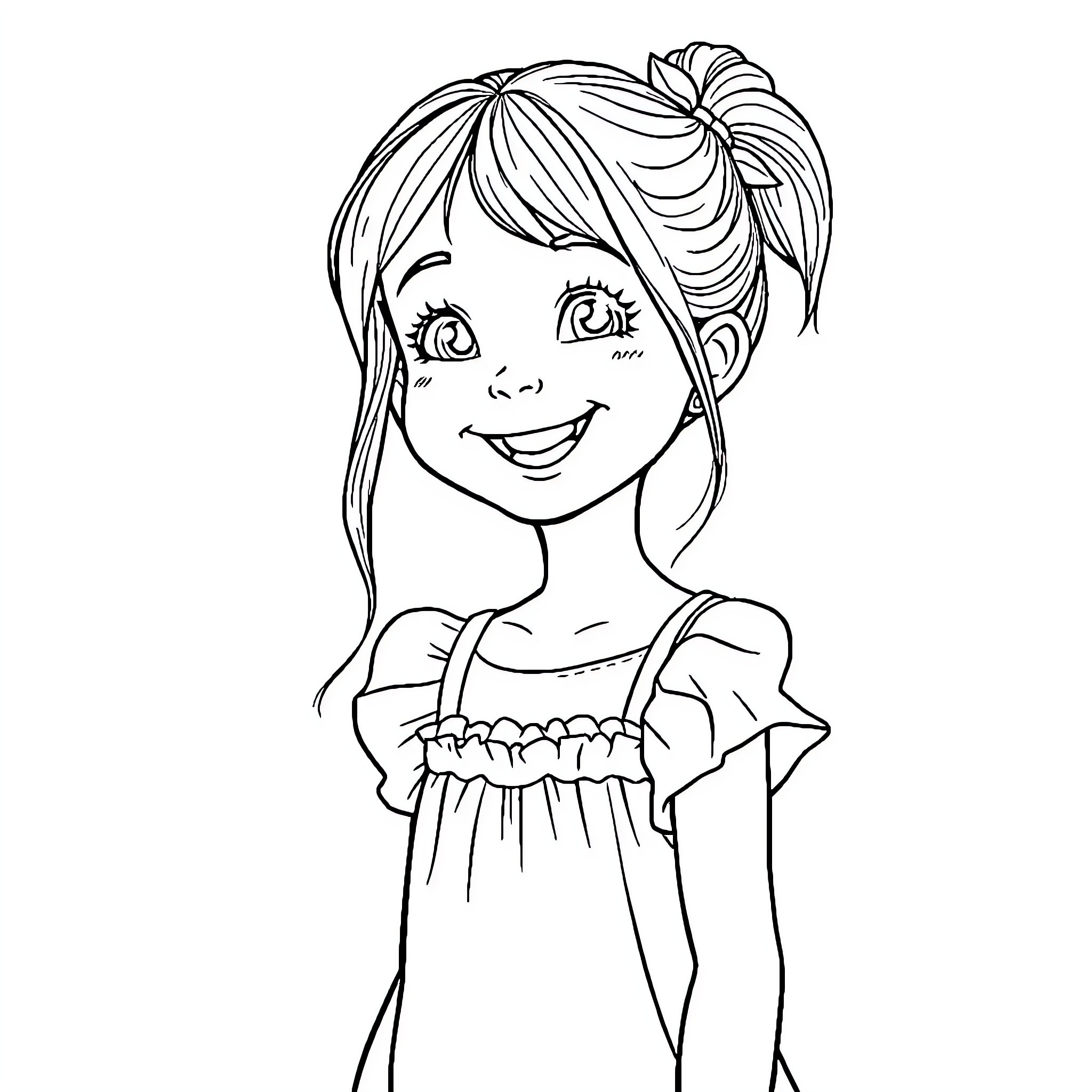 Girl with Playful Expression and Patterned Dress Coloring Page (free black-and-white line drawing printable PDF for all, from beginners to advanced learners, including children, teens, adults, and seniors)