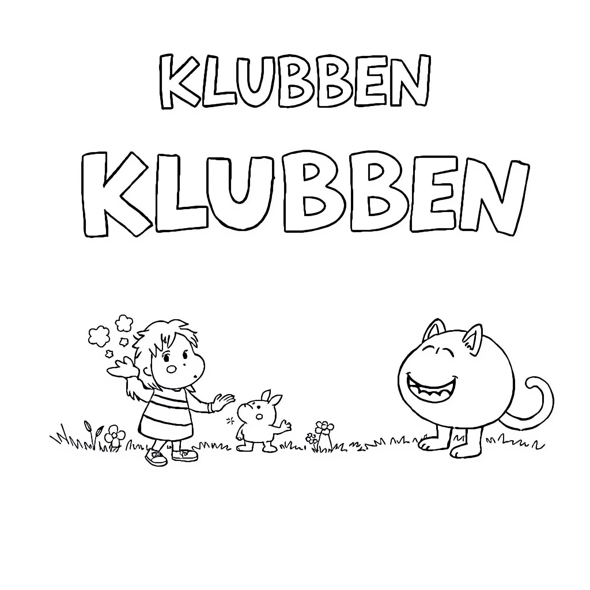 KLUBBEN Children Playing with Pets in Nature Coloring Page (free black-and-white line drawing printable PDF for all, from beginners to advanced learners, including children, teens, adults, and seniors)