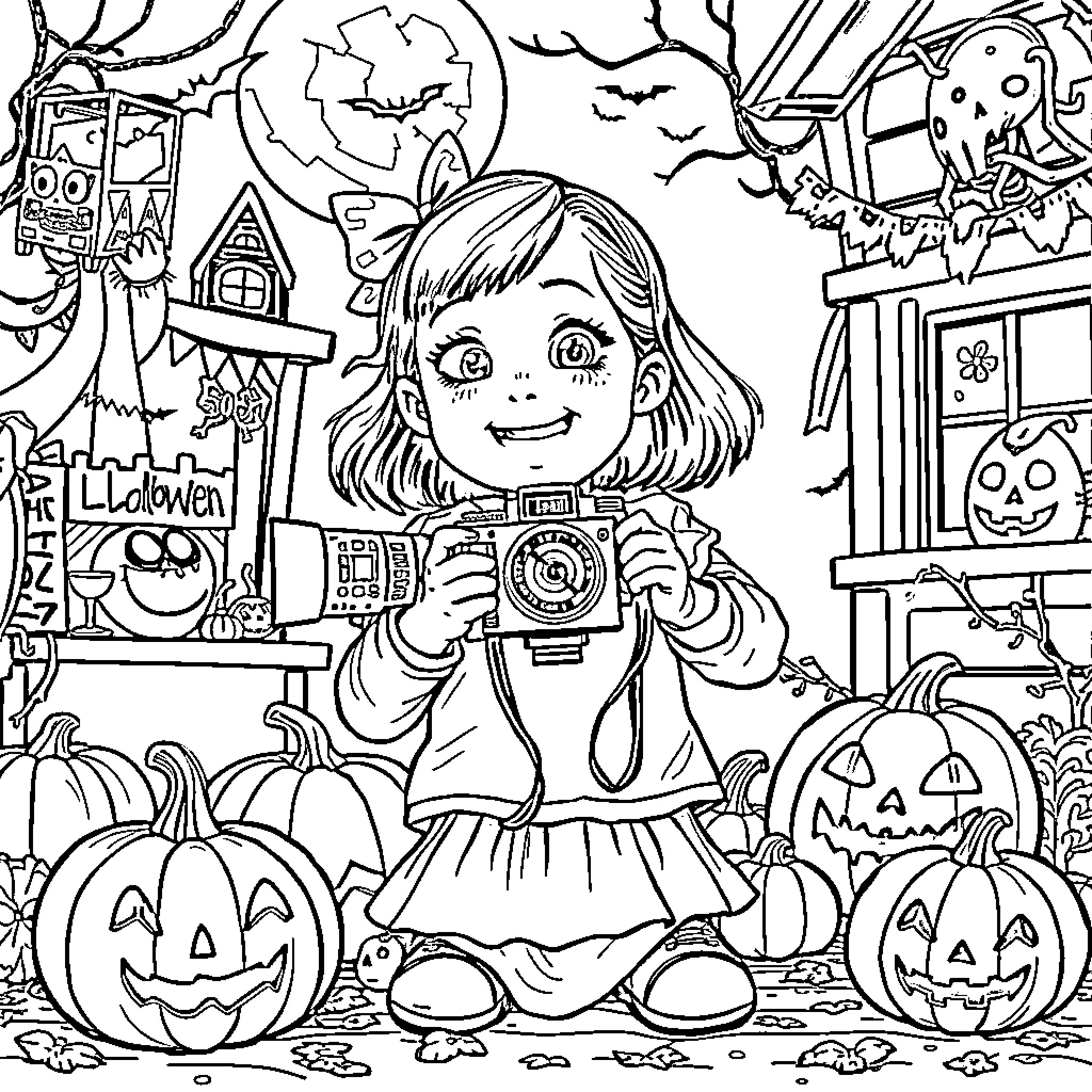 Girl taking photos in a spooky Halloween setting Coloring Page (free black-and-white line drawing printable PDF for all, from beginners to advanced learners, including children, teens, adults, and seniors)