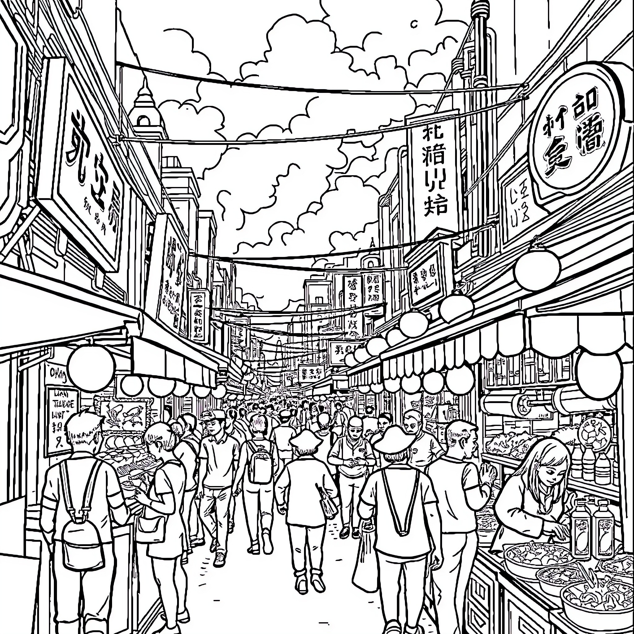 Night Market with Bustling Crowds and Lively Scenes Coloring Page (free black-and-white line drawing printable PDF for all, from beginners to advanced learners, including children, teens, adults, and seniors)