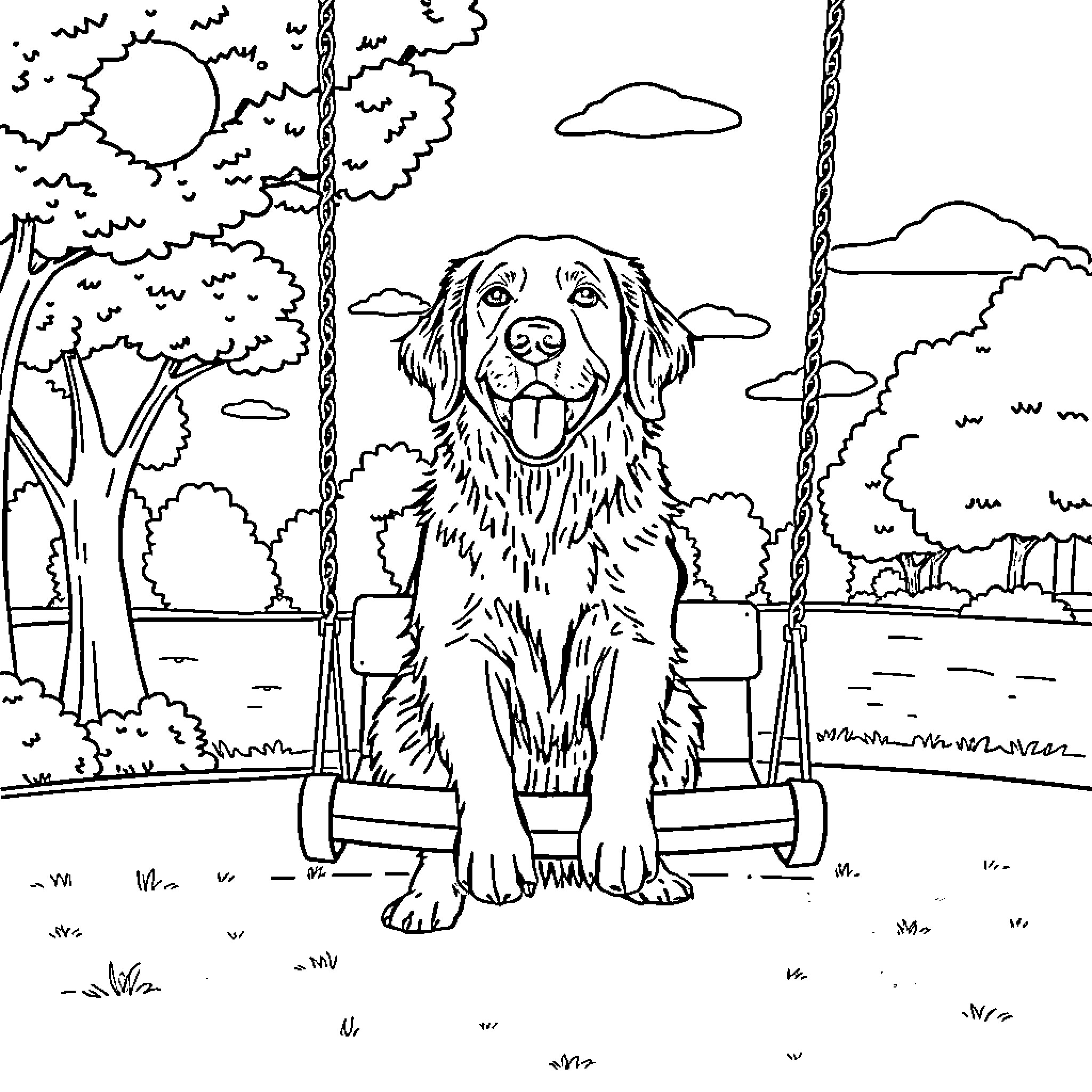 Golden Retriever sitting on a swing in a scenic park Coloring Page (free black-and-white line drawing printable PDF for all, from beginners to advanced learners, including children, teens, adults, and seniors)