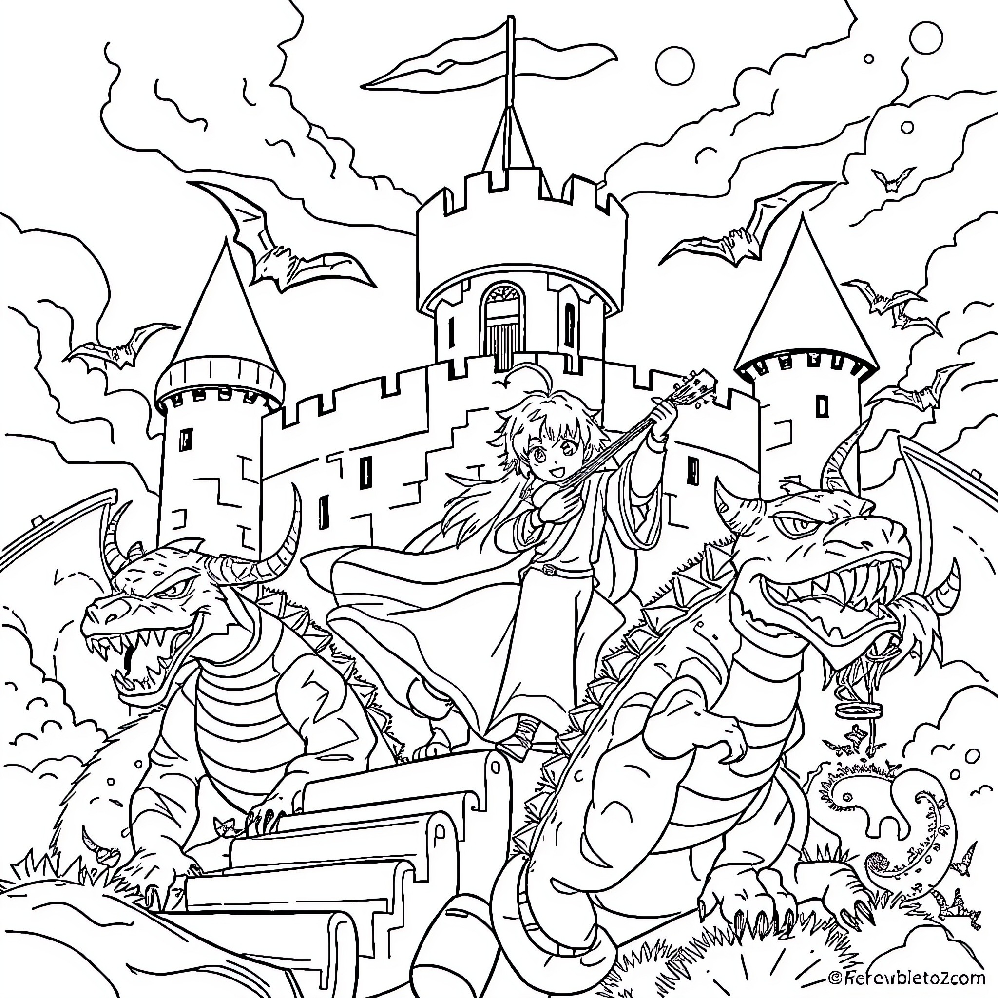 Kuromi battling against fierce dragons near a fantasy castle Coloring Page (free black-and-white line drawing printable PDF for all, from beginners to advanced learners, including children, teens, adults, and seniors)