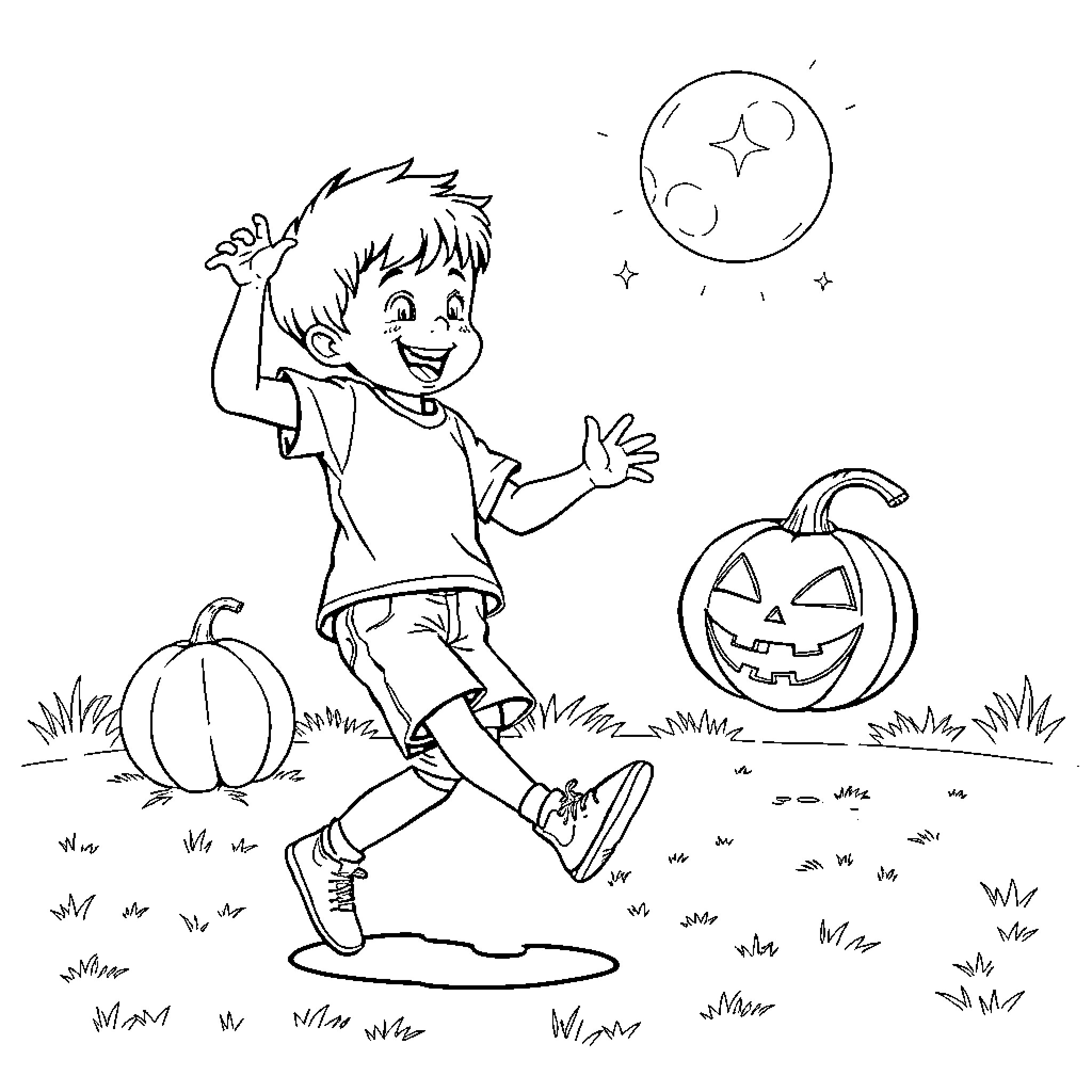 Niño playing in the moonlit Halloween night Coloring Page (free black-and-white line drawing printable PDF for all, from beginners to advanced learners, including children, teens, adults, and seniors)