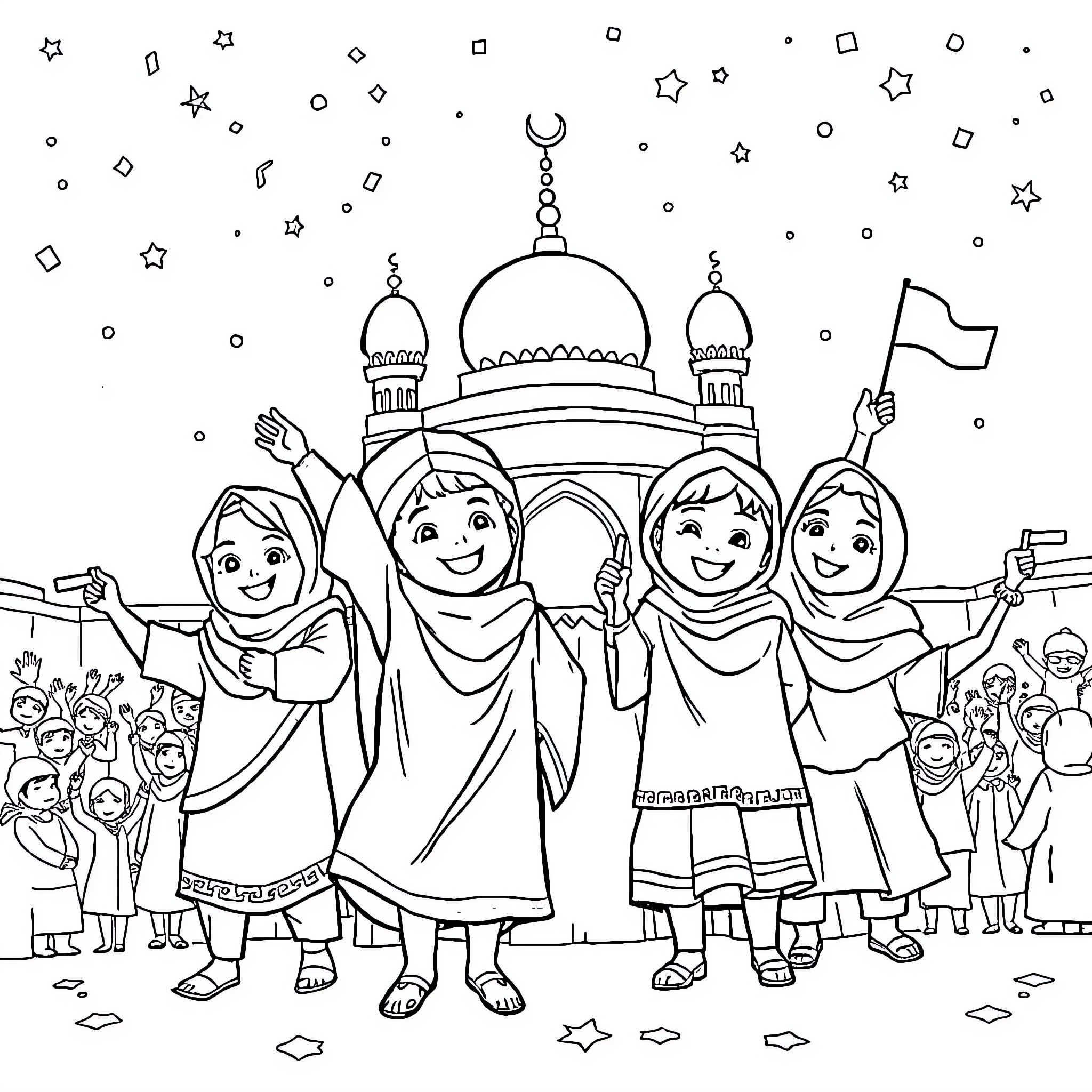 Kid celebrate Eid al-Fitr with happy expressions Coloring Page (free black-and-white line drawing printable PDF for all, from beginners to advanced learners, including children, teens, adults, and seniors)