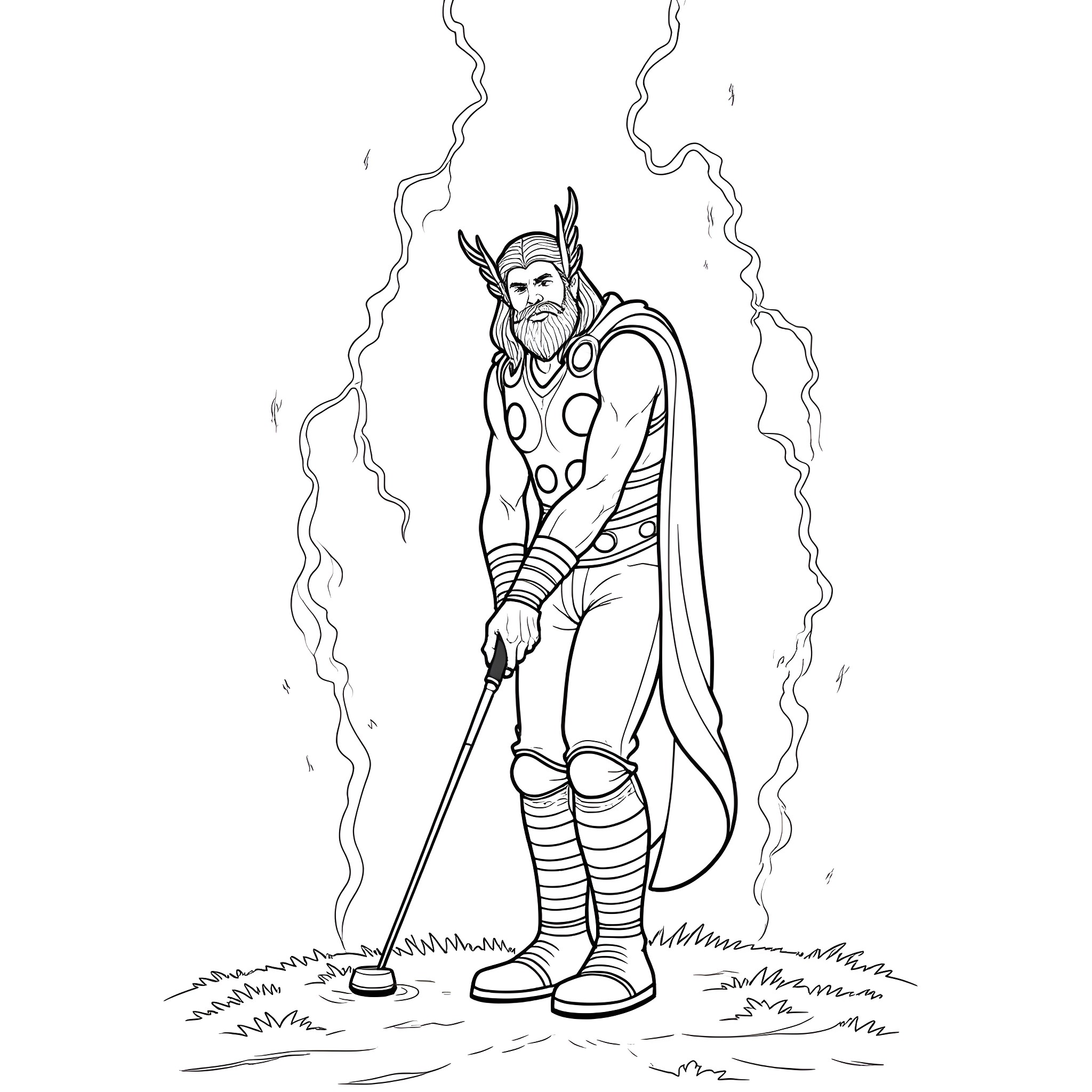 Thor, the Mighty God of Thunder, Stands Tall in His Iconic Attire Coloring Page (free black-and-white line drawing printable PDF for all, from beginners to advanced learners, including children, teens, adults, and seniors)