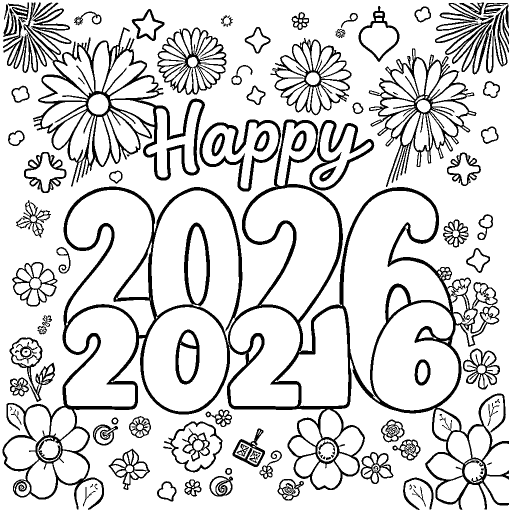 New Year Celebration with Floral Patterns and Festive Decor Coloring Page (free black-and-white line drawing printable PDF for all, from beginners to advanced learners, including children, teens, adults, and seniors)