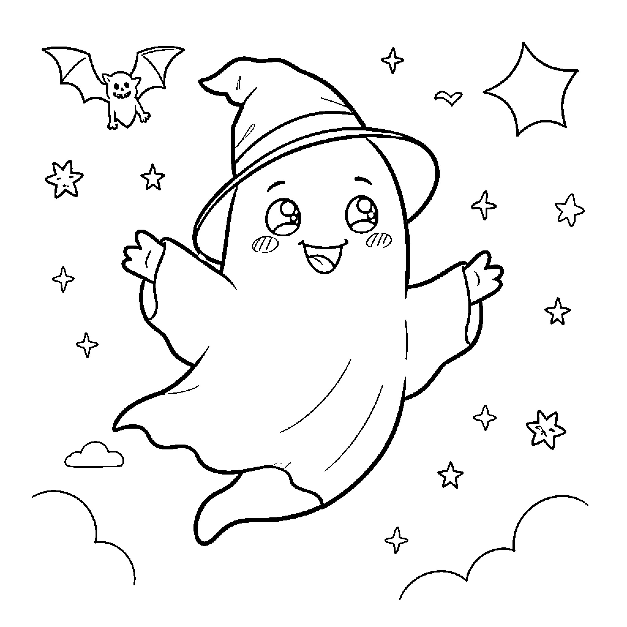 Ghost wearing a witch hat and smiling happily Coloring Page (free black-and-white line drawing printable PDF for all, from beginners to advanced learners, including children, teens, adults, and seniors)