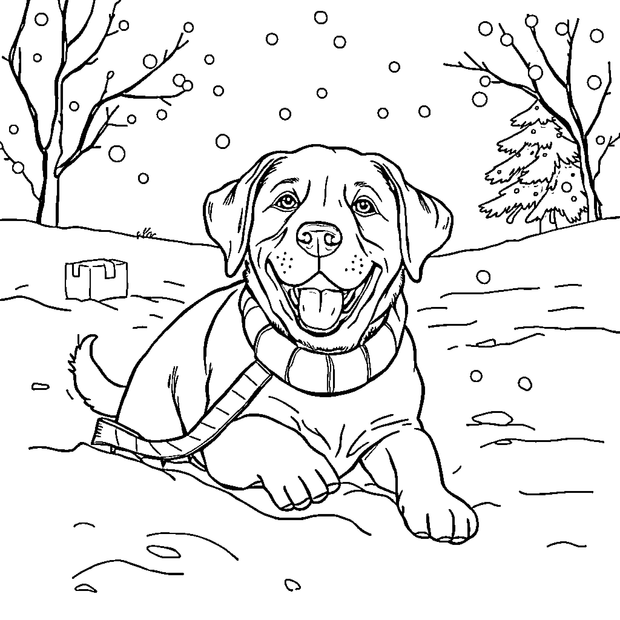 Labrador enjoying a snowy winter day Coloring Page (free black-and-white line drawing printable PDF for all, from beginners to advanced learners, including children, teens, adults, and seniors)