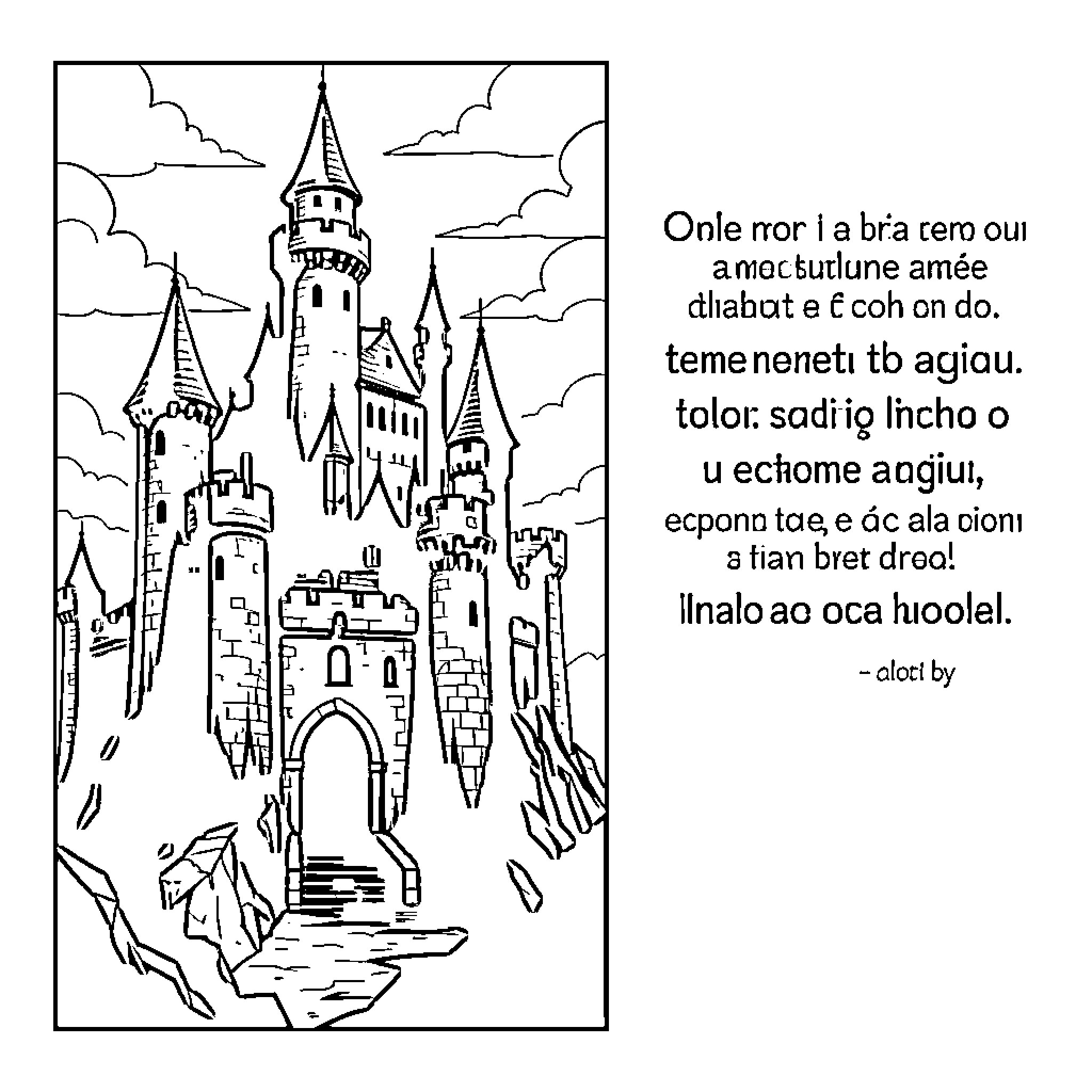 Castillo of fantasy architecture and landscapes Coloring Page (free black-and-white line drawing printable PDF for all, from beginners to advanced learners, including children, teens, adults, and seniors)