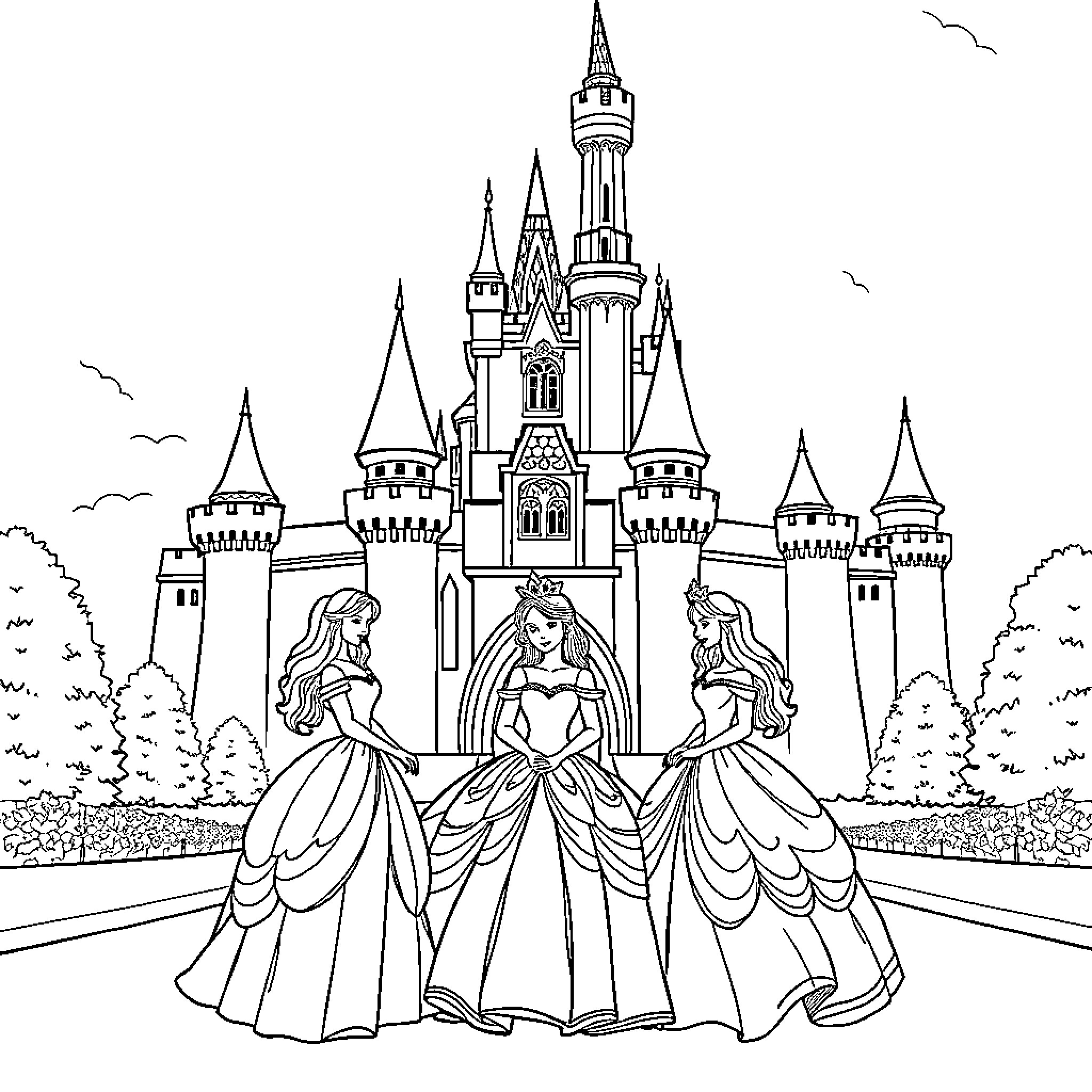 Princess Dancing in Front of the Castle Coloring Page (free black-and-white line drawing printable PDF for all, from beginners to advanced learners, including children, teens, adults, and seniors)