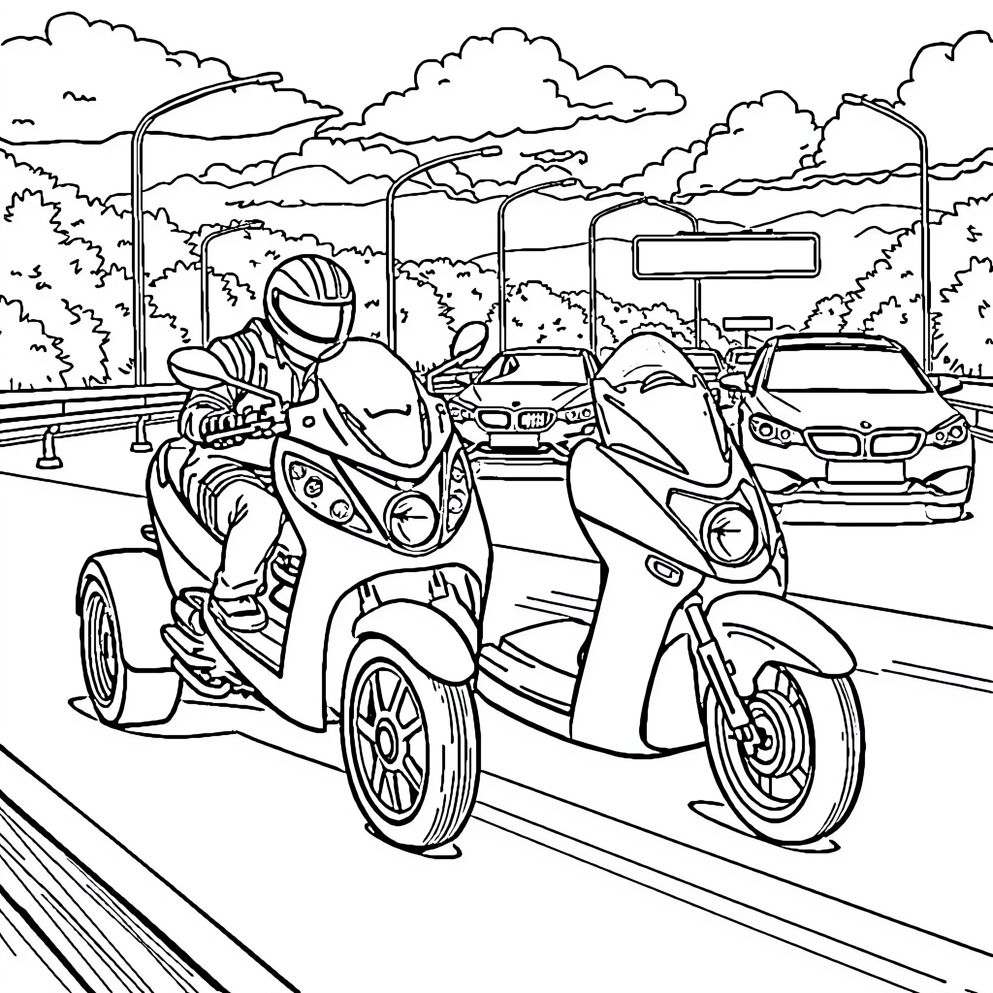 Scooter rider navigating through city traffic Coloring Page (free black-and-white line drawing printable PDF for all, from beginners to advanced learners, including children, teens, adults, and seniors)