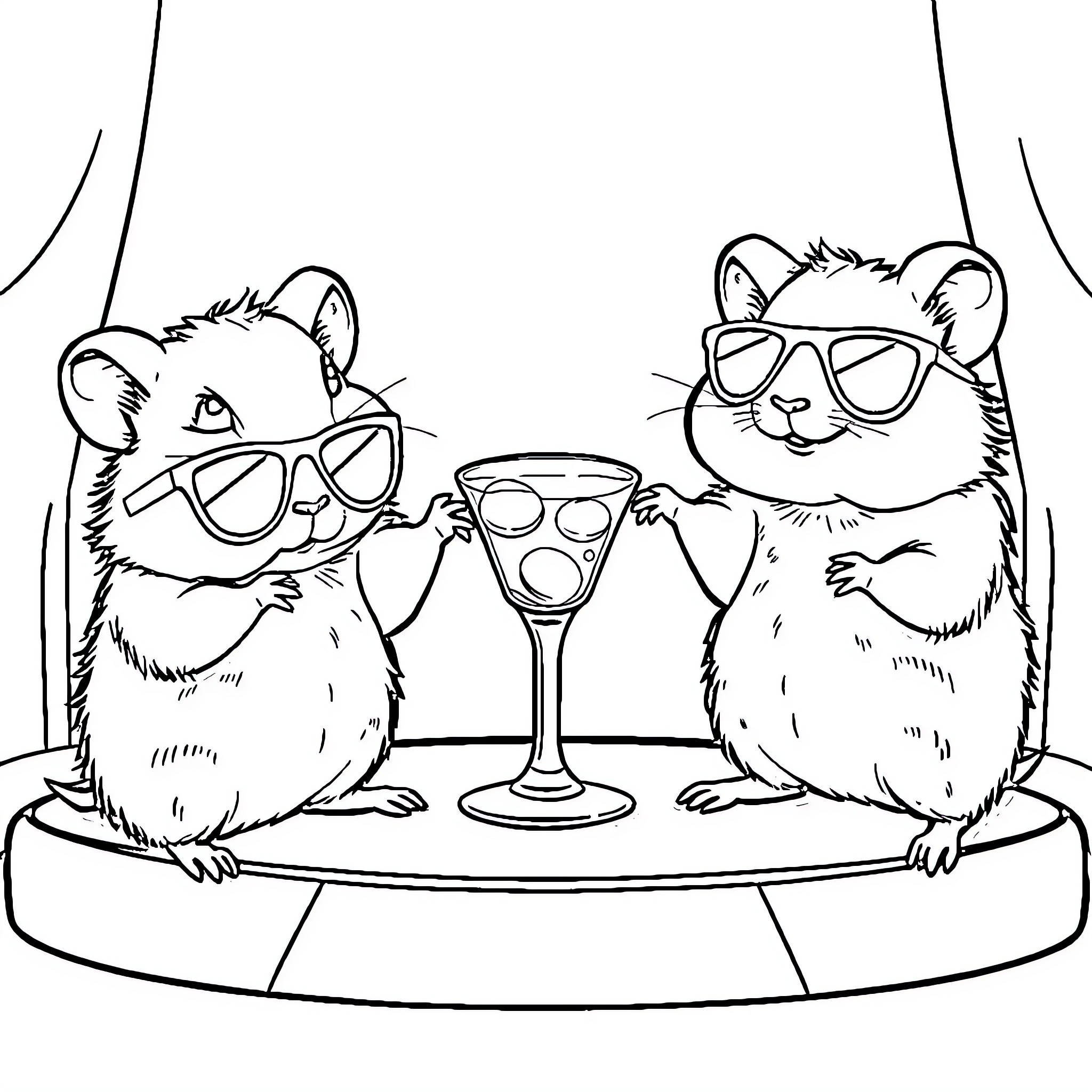 Hamsters enjoying a fancy cocktail party Coloring Page (free black-and-white line drawing printable PDF for all, from beginners to advanced learners, including children, teens, adults, and seniors)