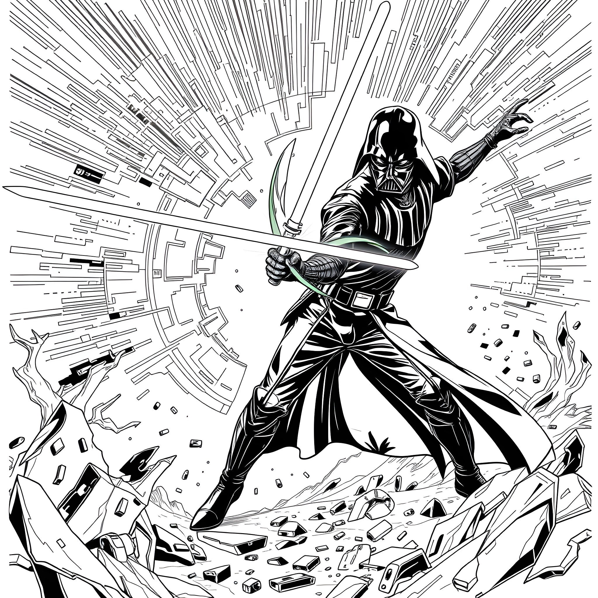 Neo Darth Vader's Powerful Lightsaber Strike Coloring Page (free black-and-white line drawing printable PDF for all, from beginners to advanced learners, including children, teens, adults, and seniors)