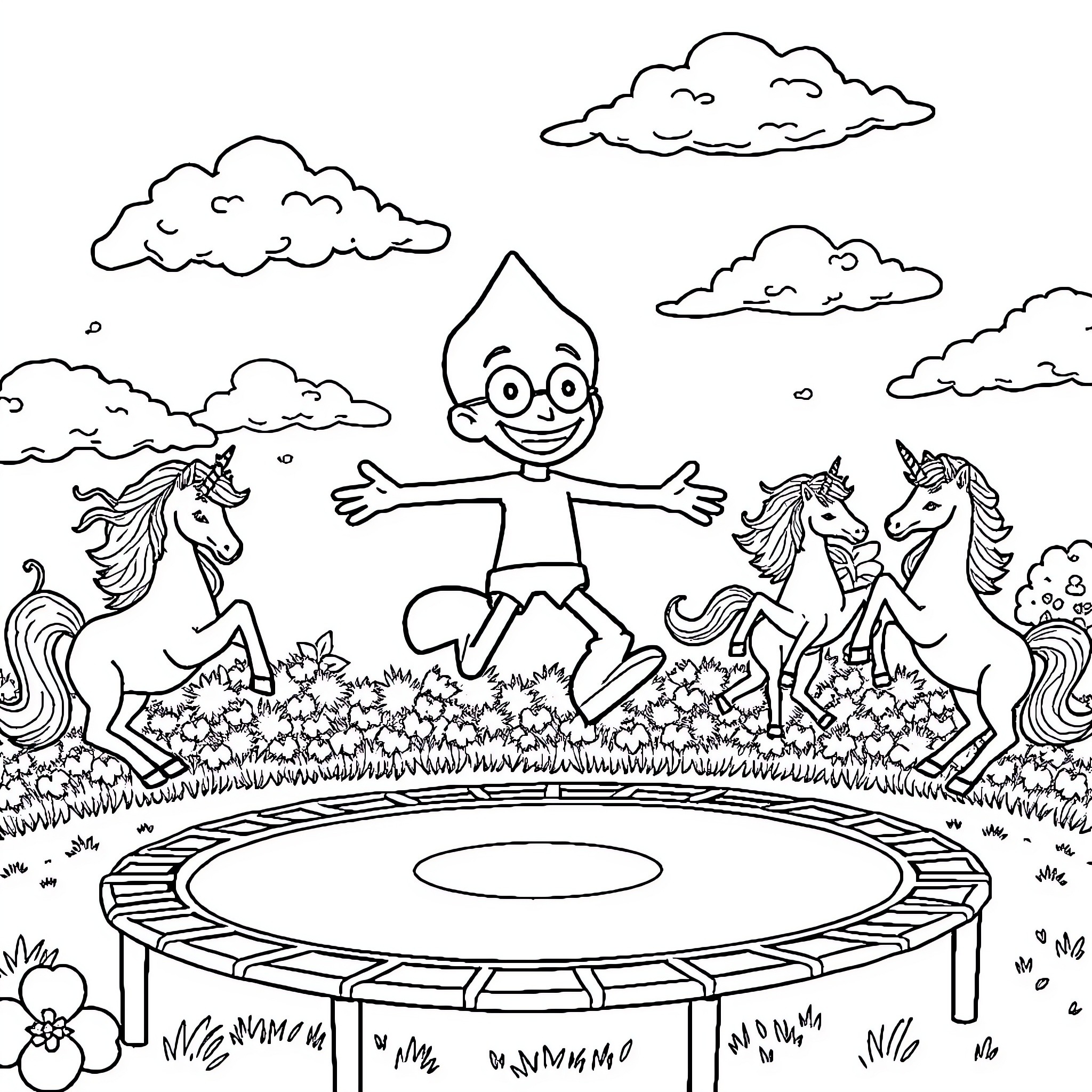 Front Man Jumping for Joy with Unicorns on a Trampoline Coloring Page (free black-and-white line drawing printable PDF for all, from beginners to advanced learners, including children, teens, adults, and seniors)