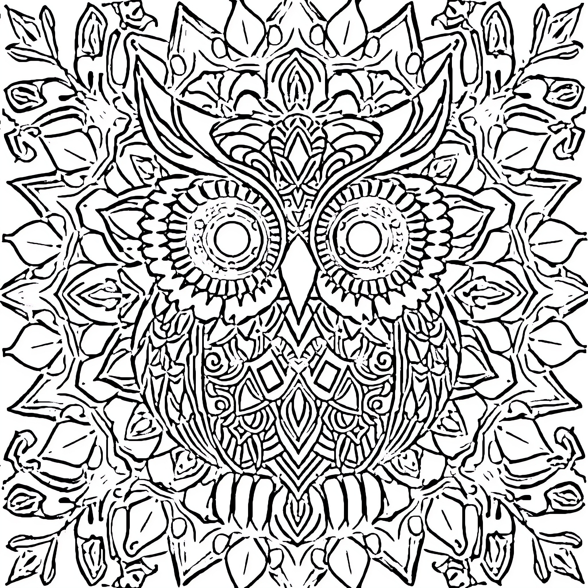 Owl mandala with intricate pattern Coloring Page (free black-and-white line drawing printable PDF for all, from beginners to advanced learners, including children, teens, adults, and seniors)