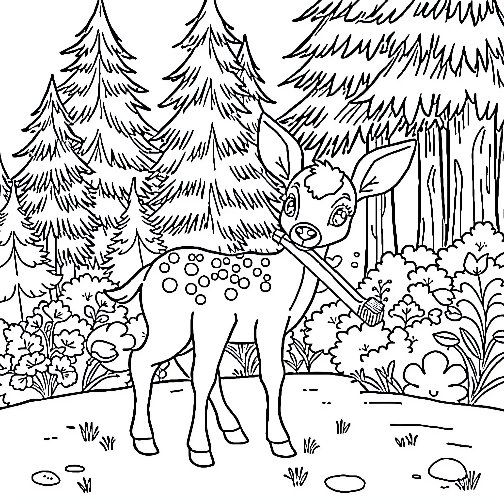 Deer in a tranquil forest Coloring Page (free black-and-white line drawing printable PDF for all, from beginners to advanced learners, including children, teens, adults, and seniors)