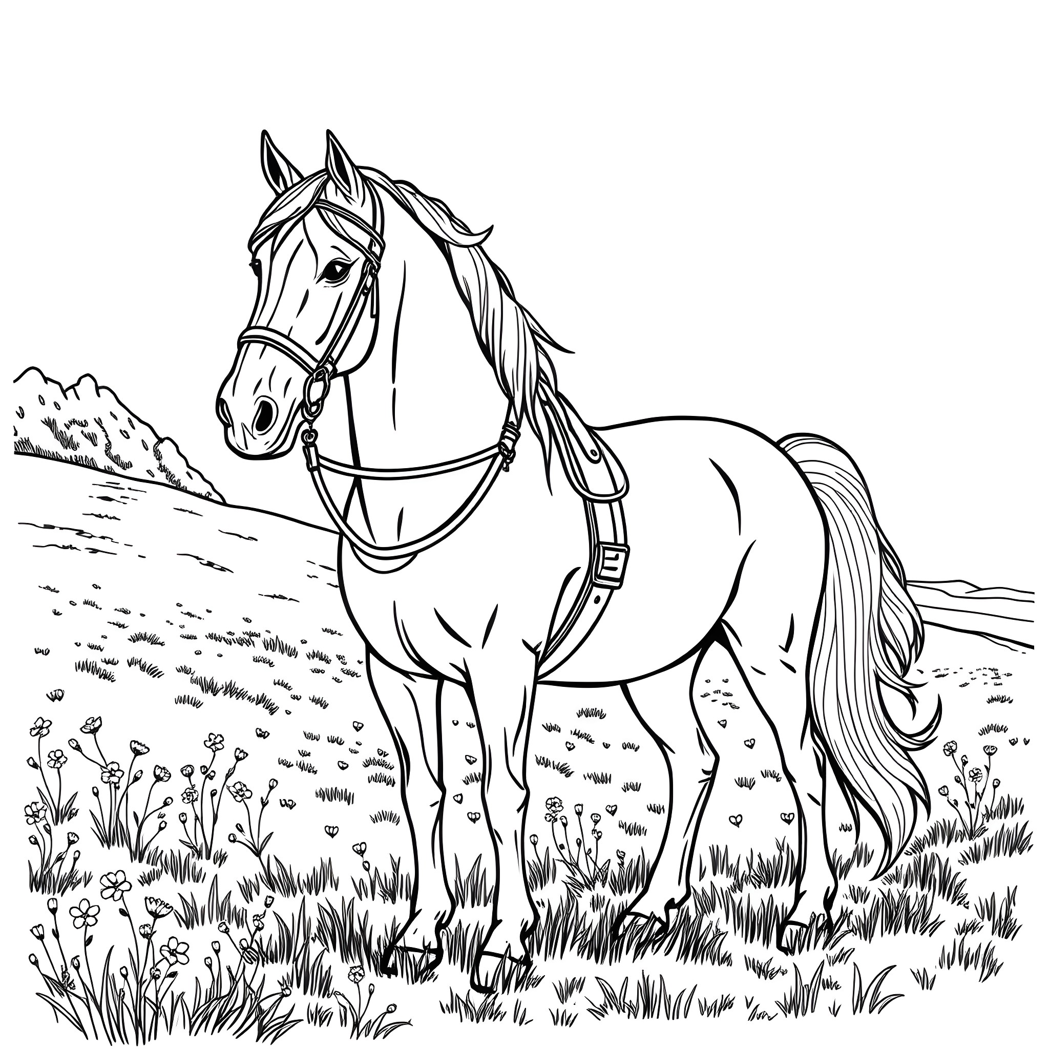 Horse standing in a grassy field Coloring Page (free black-and-white line drawing printable PDF for all, from beginners to advanced learners, including children, teens, adults, and seniors)