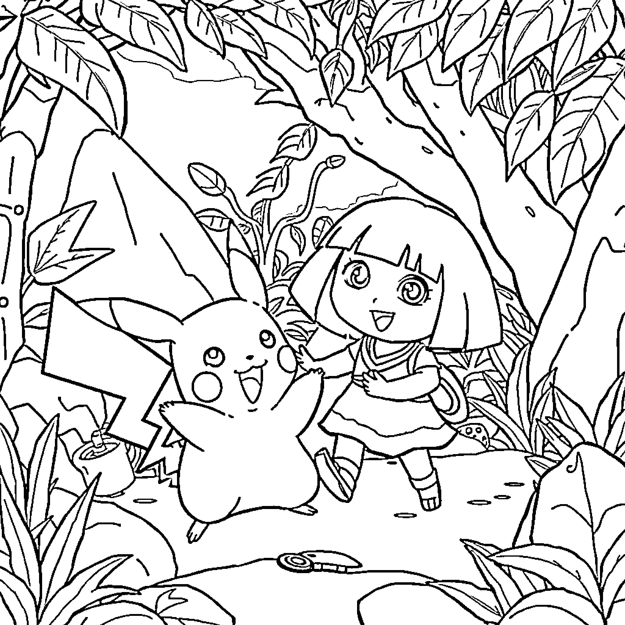 Pikachu and Dora the Explorer playing in the forest Coloring Page (free black-and-white line drawing printable PDF for all, from beginners to advanced learners, including children, teens, adults, and seniors)