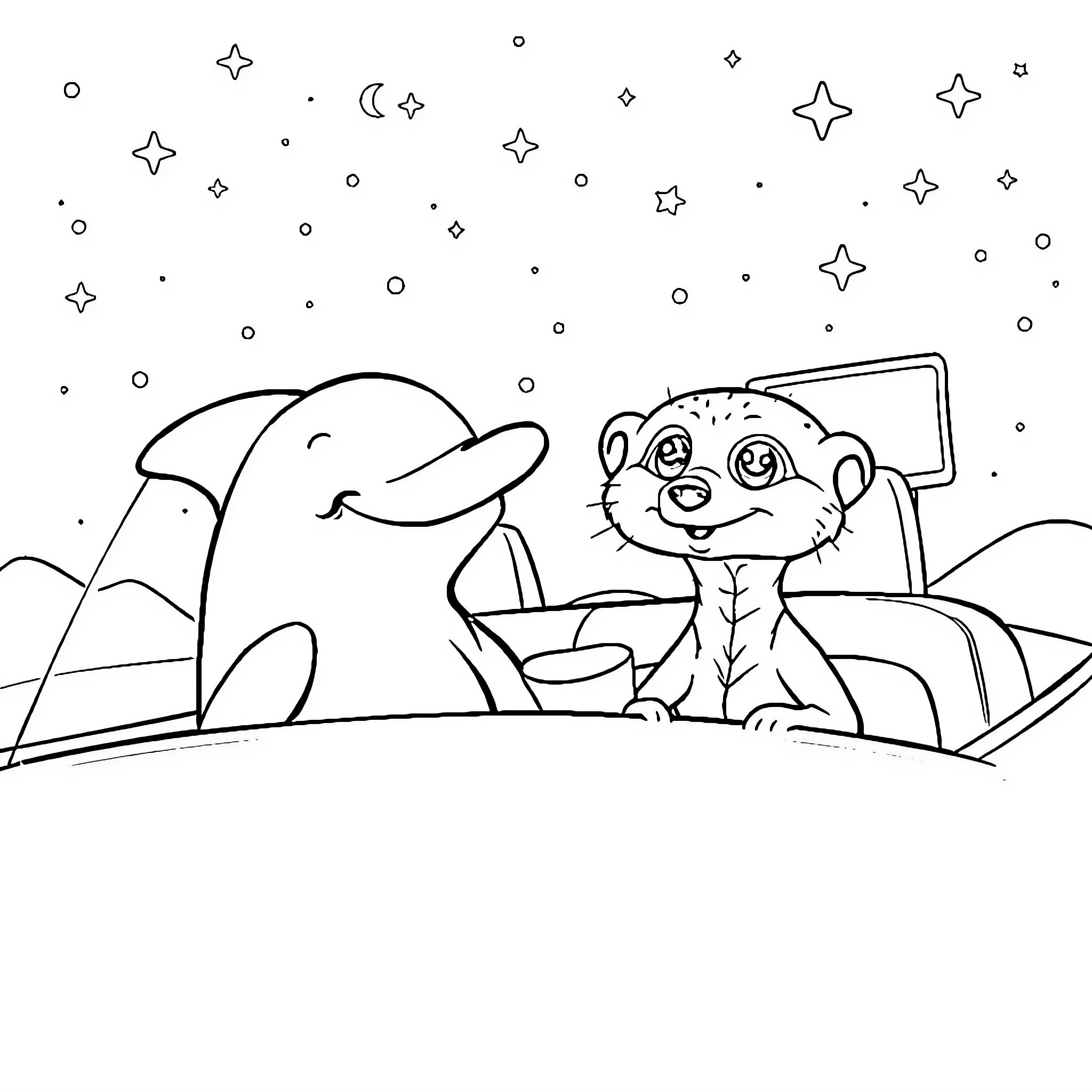 Dolphin and kitten under the starry night sky Coloring Page (free black-and-white line drawing printable PDF for all, from beginners to advanced learners, including children, teens, adults, and seniors)