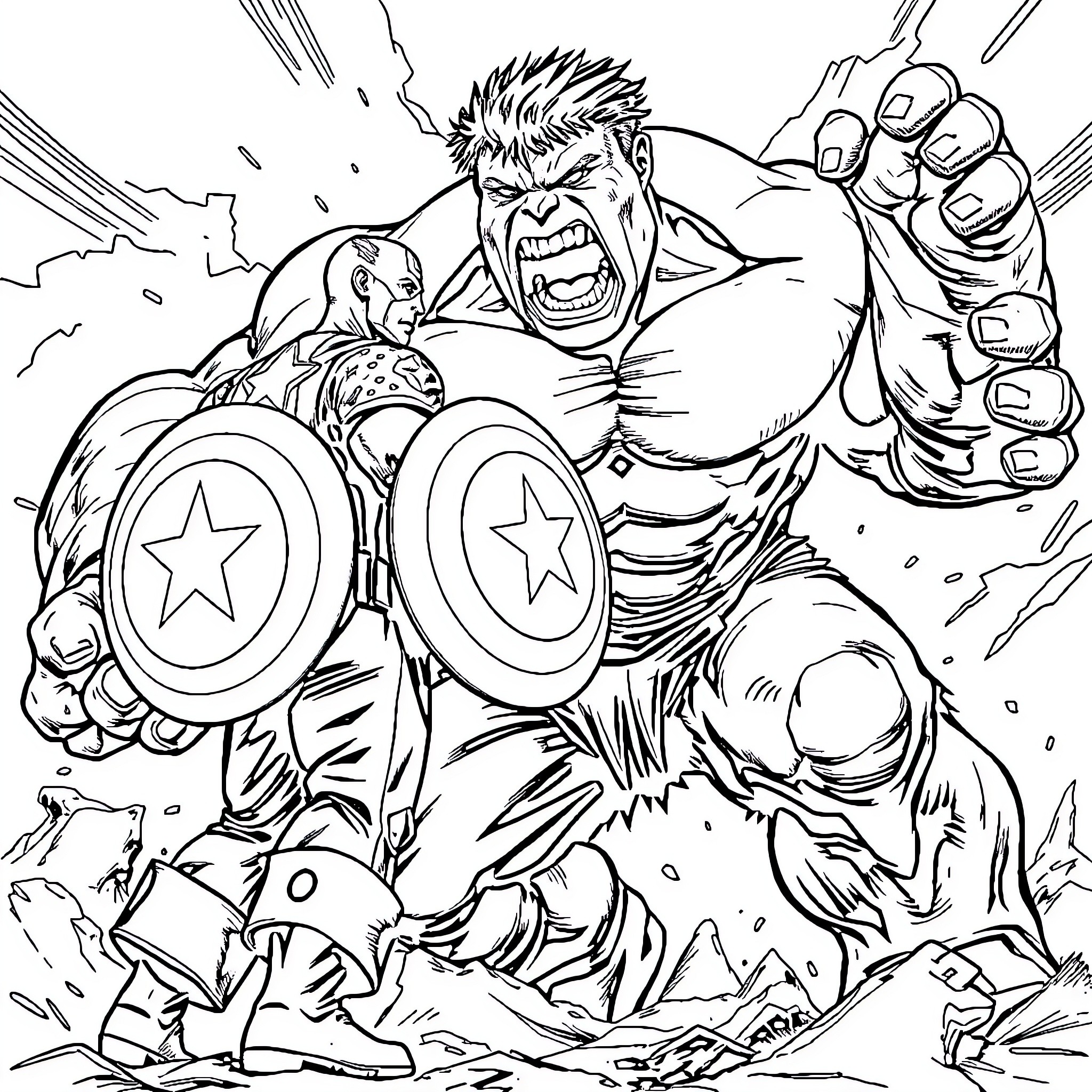 Captain America Superhero Battles with Intense Fury Coloring Page (free black-and-white line drawing printable PDF for all, from beginners to advanced learners, including children, teens, adults, and seniors)