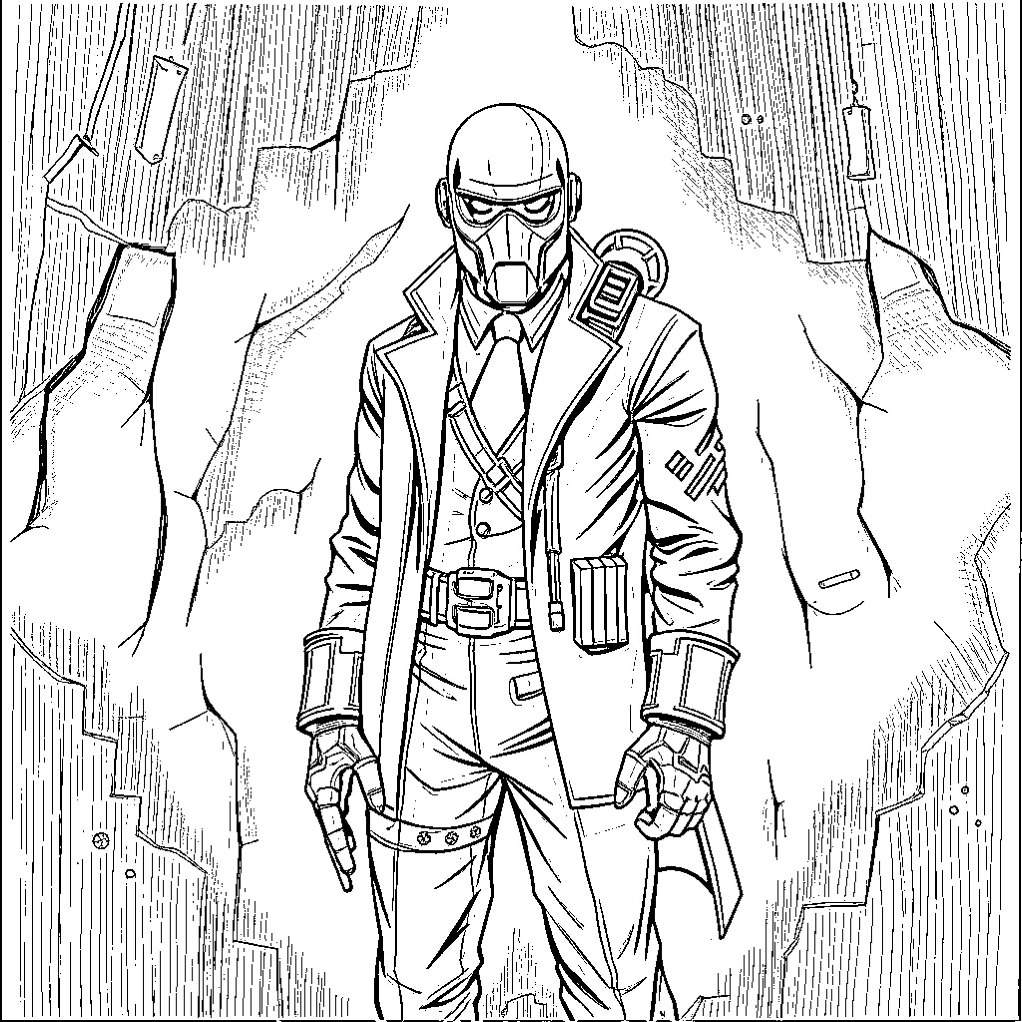 G-Man in Dystopian Uniform and Gear Coloring Page (free black-and-white line drawing printable PDF for all, from beginners to advanced learners, including children, teens, adults, and seniors)