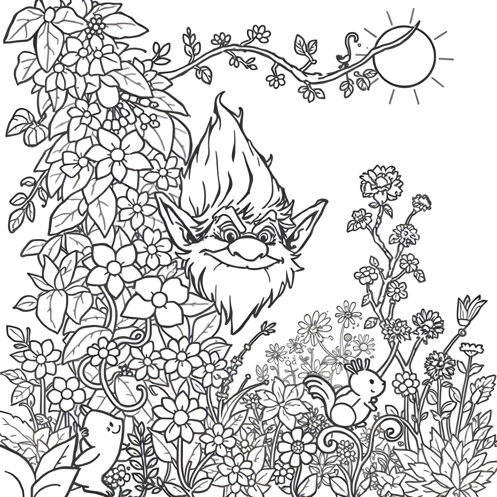 Troll in a magical floral garden Coloring Page (free black-and-white line drawing printable PDF for all, from beginners to advanced learners, including children, teens, adults, and seniors)