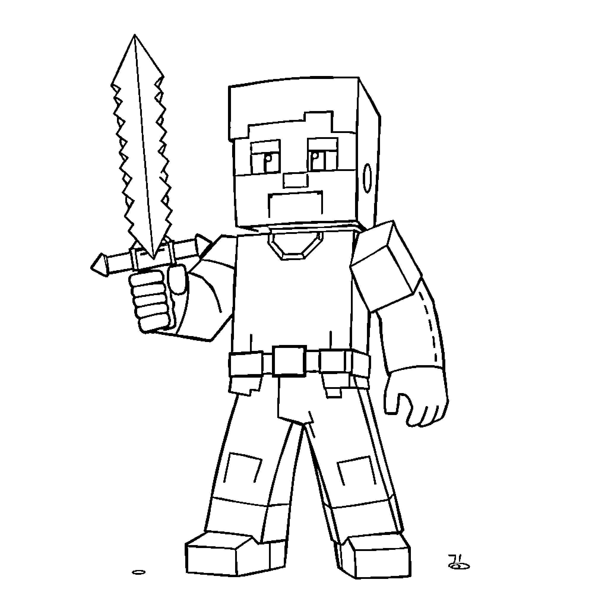 Steve wielding a sharp sword in blocky attire Coloring Page (free black-and-white line drawing printable PDF for all, from beginners to advanced learners, including children, teens, adults, and seniors)