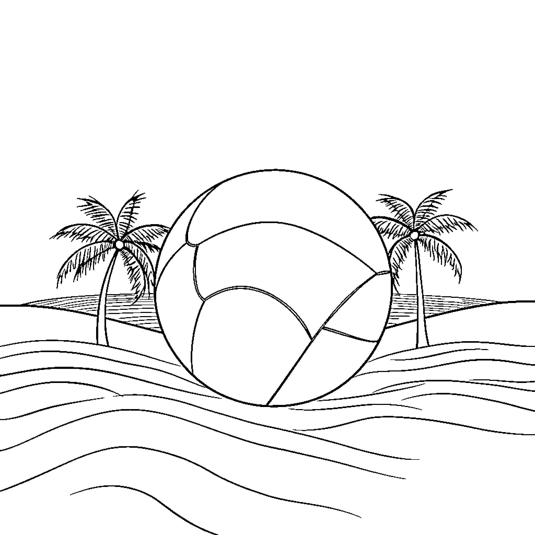 Pelota on the Tropical Beach Coloring Page (free black-and-white line drawing printable PDF for all, from beginners to advanced learners, including children, teens, adults, and seniors)