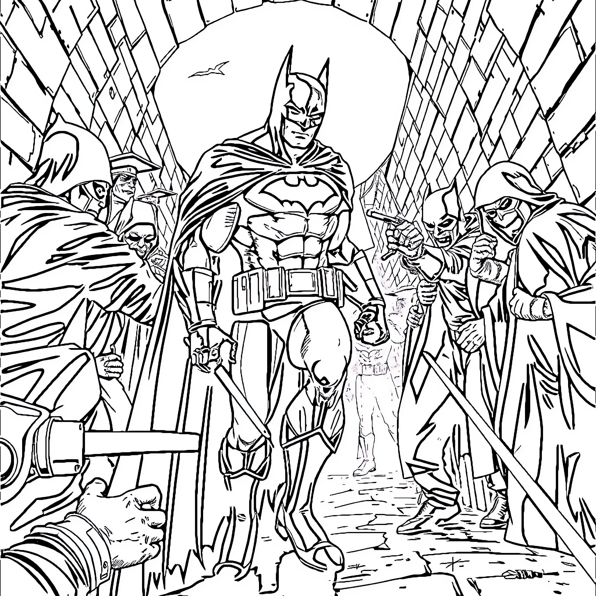 Batman leading his superhero team into action Coloring Page (free black-and-white line drawing printable PDF for all, from beginners to advanced learners, including children, teens, adults, and seniors)