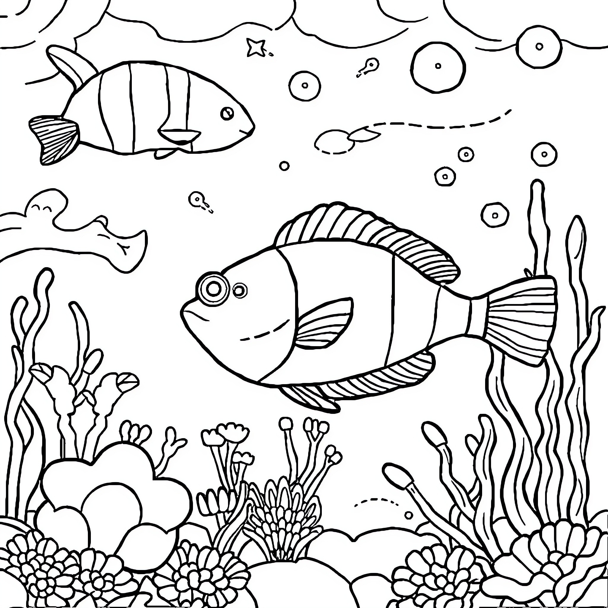 Sealife with Vibrant Underwater Scenery Coloring Page (free black-and-white line drawing printable PDF for all, from beginners to advanced learners, including children, teens, adults, and seniors)