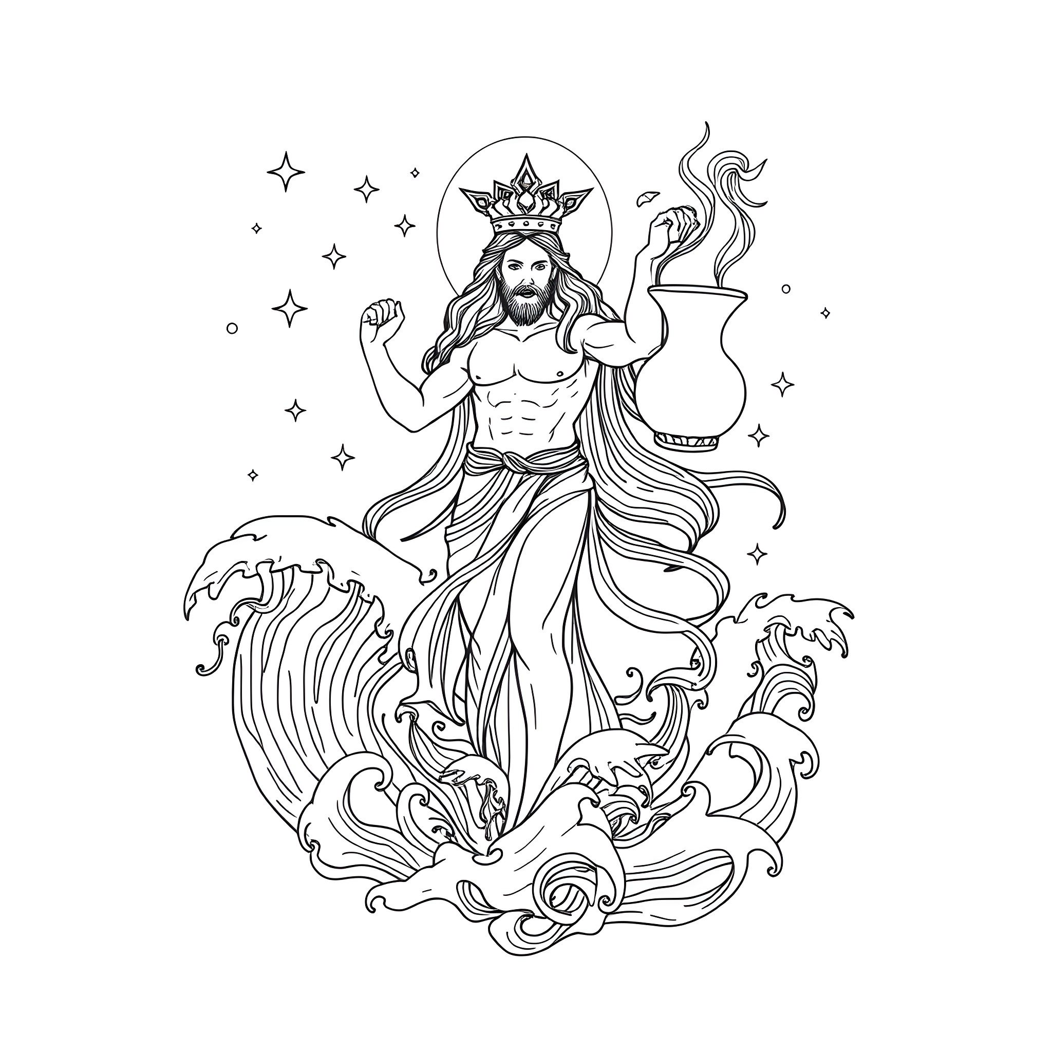 Aquarius deity riding waves amidst celestial elements Coloring Page (free black-and-white line drawing printable PDF for all, from beginners to advanced learners, including children, teens, adults, and seniors)