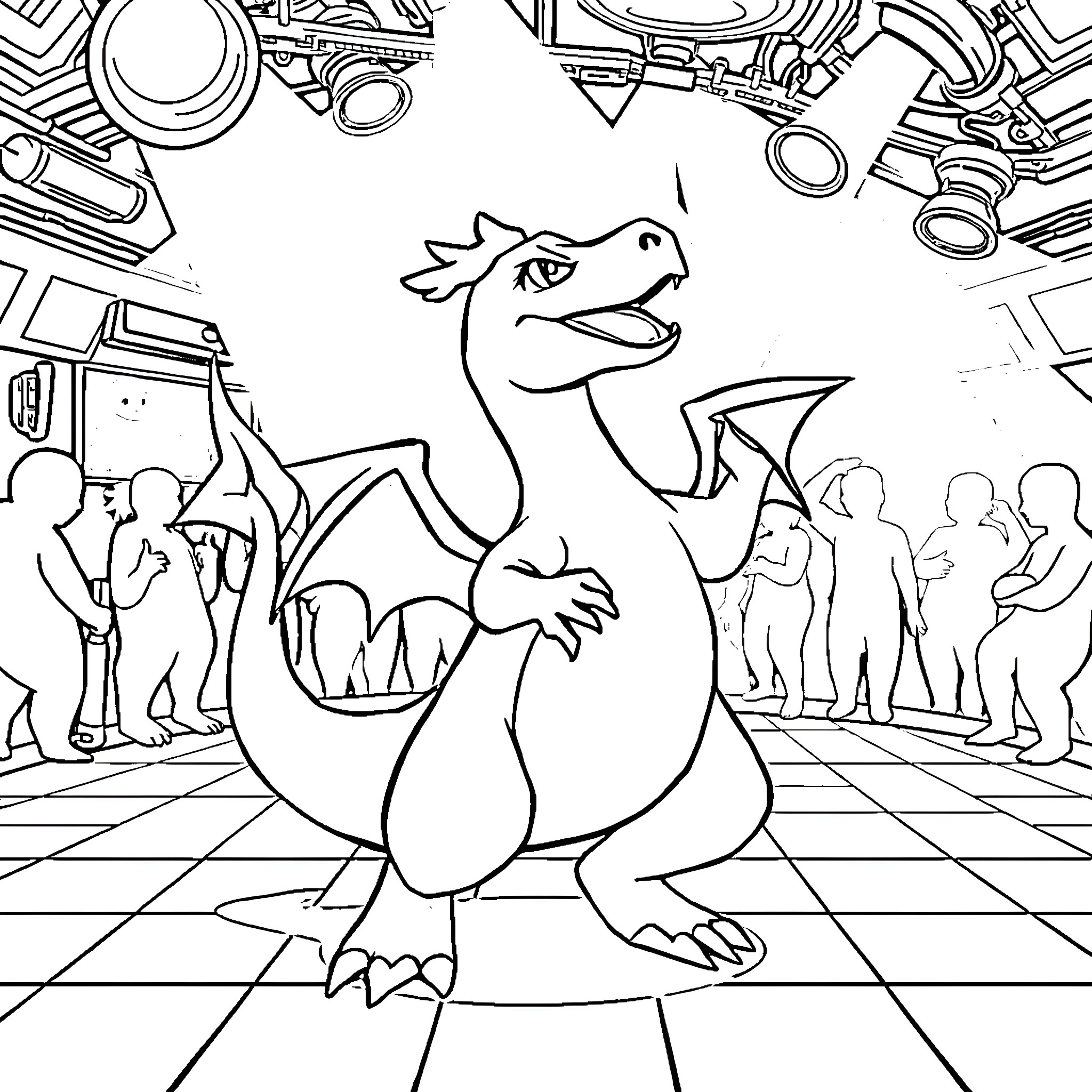 Charizard enjoying a lively stage performance Coloring Page (free black-and-white line drawing printable PDF for all, from beginners to advanced learners, including children, teens, adults, and seniors)