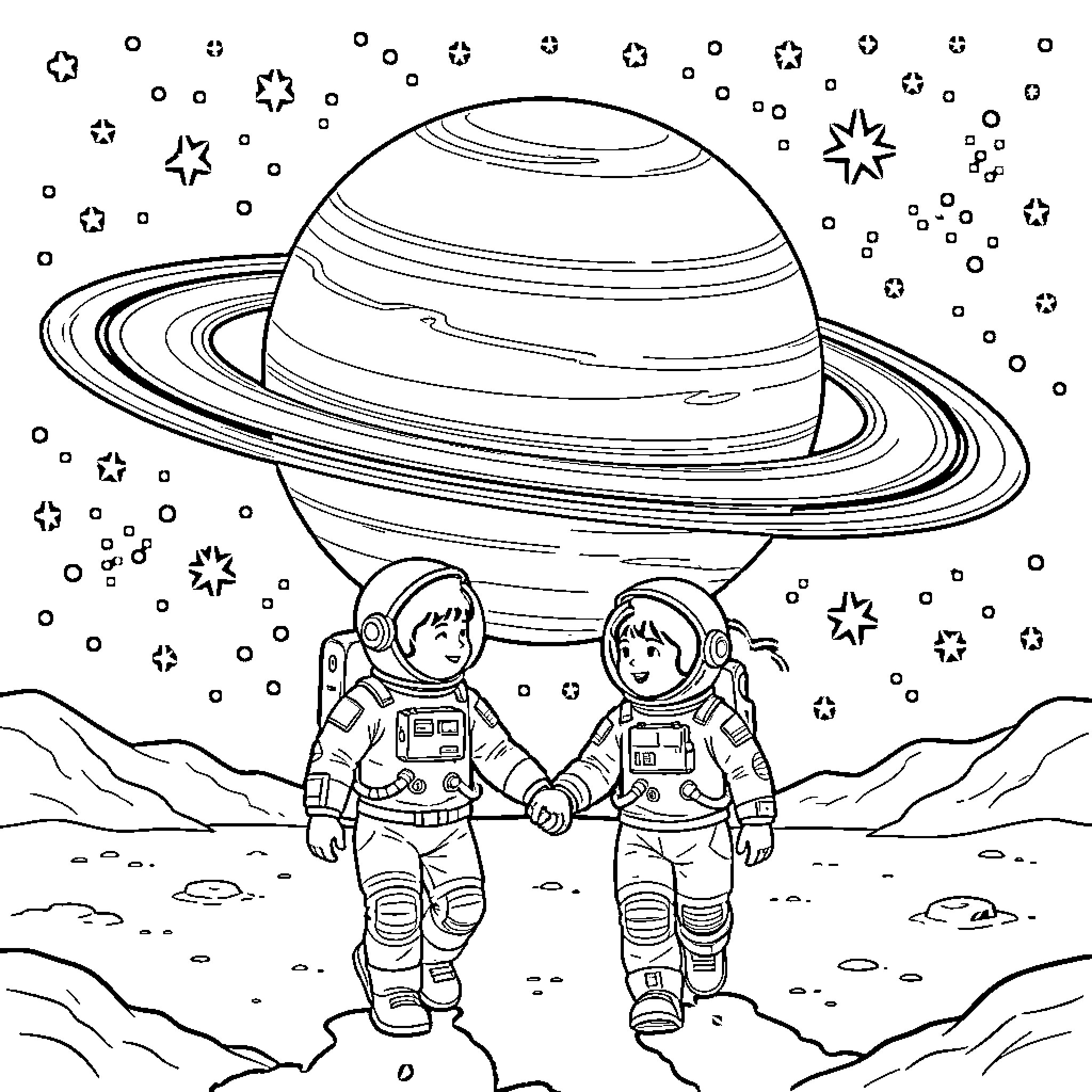 Astronauts exploring the distant planet Coloring Page (free black-and-white line drawing printable PDF for all, from beginners to advanced learners, including children, teens, adults, and seniors)