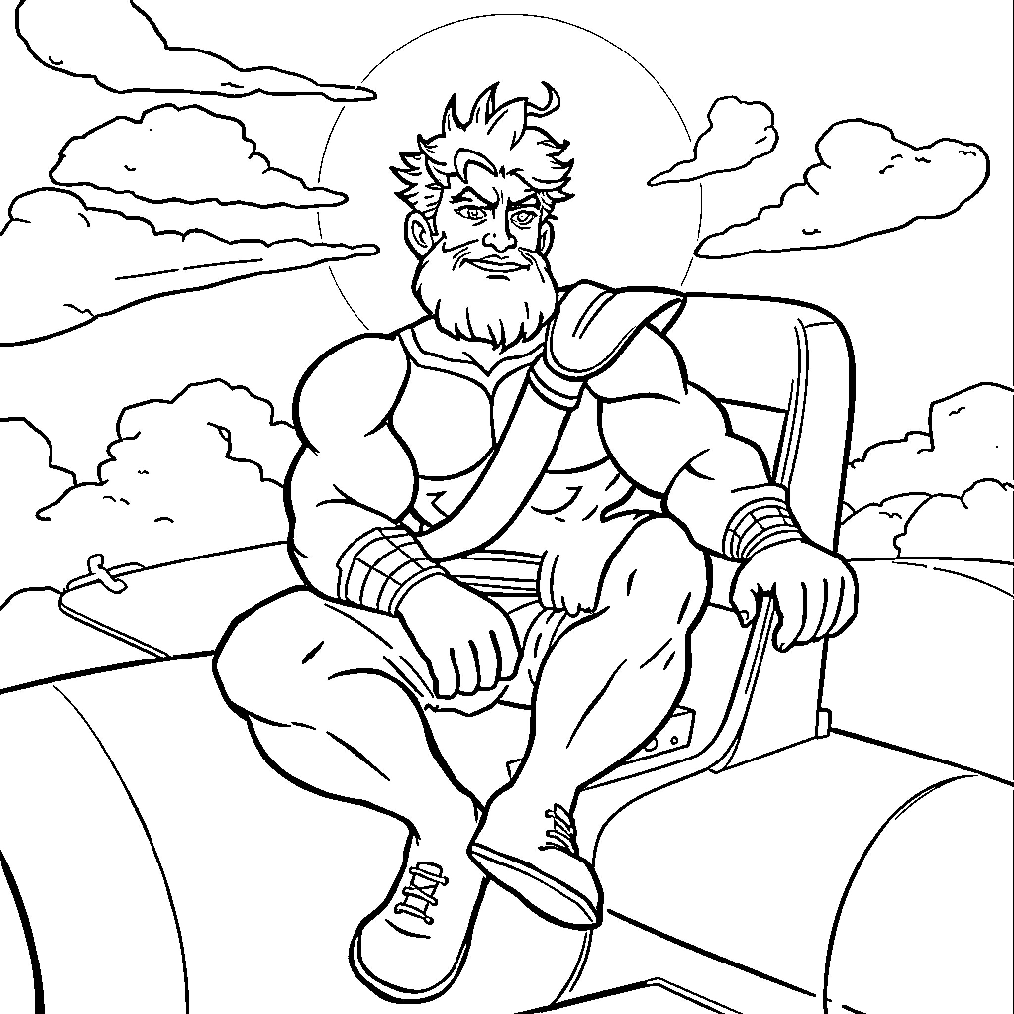 Hercules resting amidst the clouds and sky Coloring Page (free black-and-white line drawing printable PDF for all, from beginners to advanced learners, including children, teens, adults, and seniors)