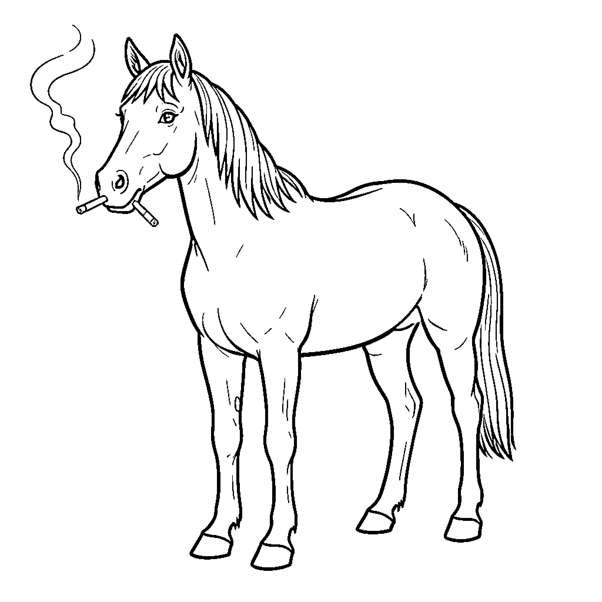 Horse smoking a cigarette with rising smoke Coloring Page (free black-and-white line drawing printable PDF for all, from beginners to advanced learners, including children, teens, adults, and seniors)