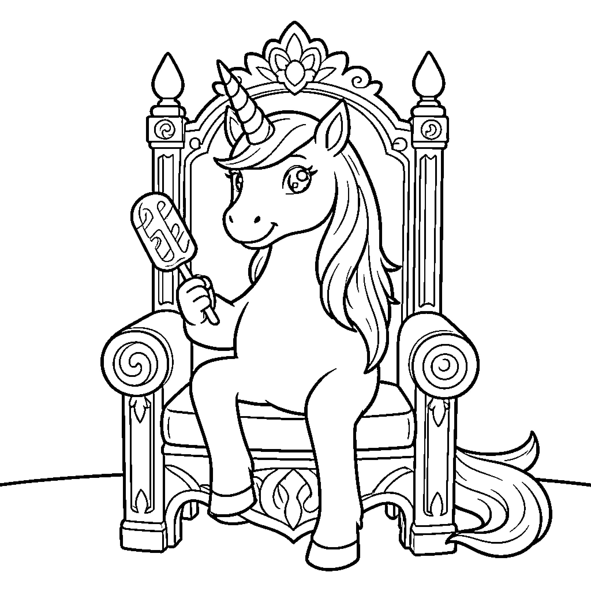 Unicorn sitting on a throne eating an ice pop Coloring Page (free black-and-white line drawing printable PDF for all, from beginners to advanced learners, including children, teens, adults, and seniors)