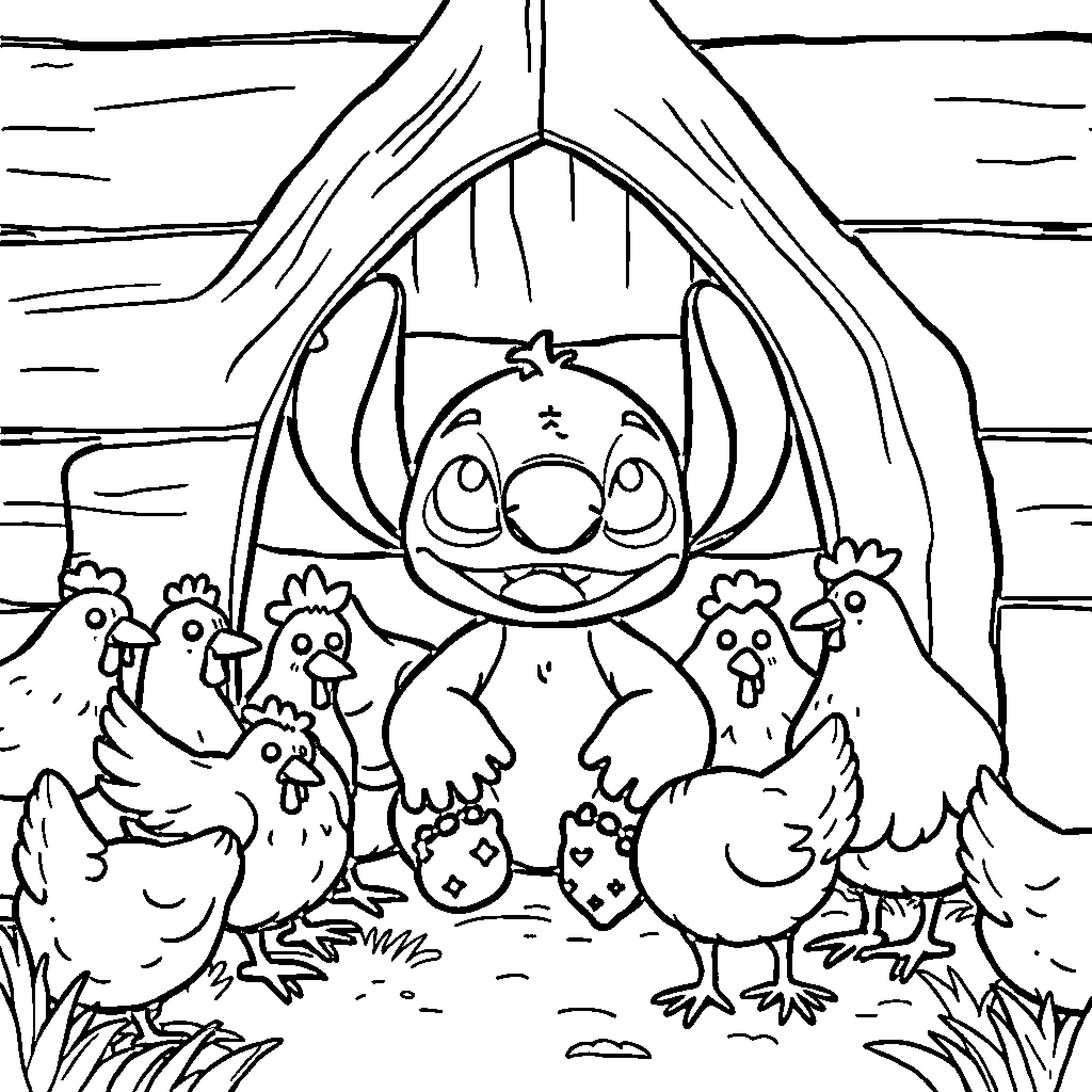 Stitch surrounded by playful farm animals Coloring Page (free black-and-white line drawing printable PDF for all, from beginners to advanced learners, including children, teens, adults, and seniors)