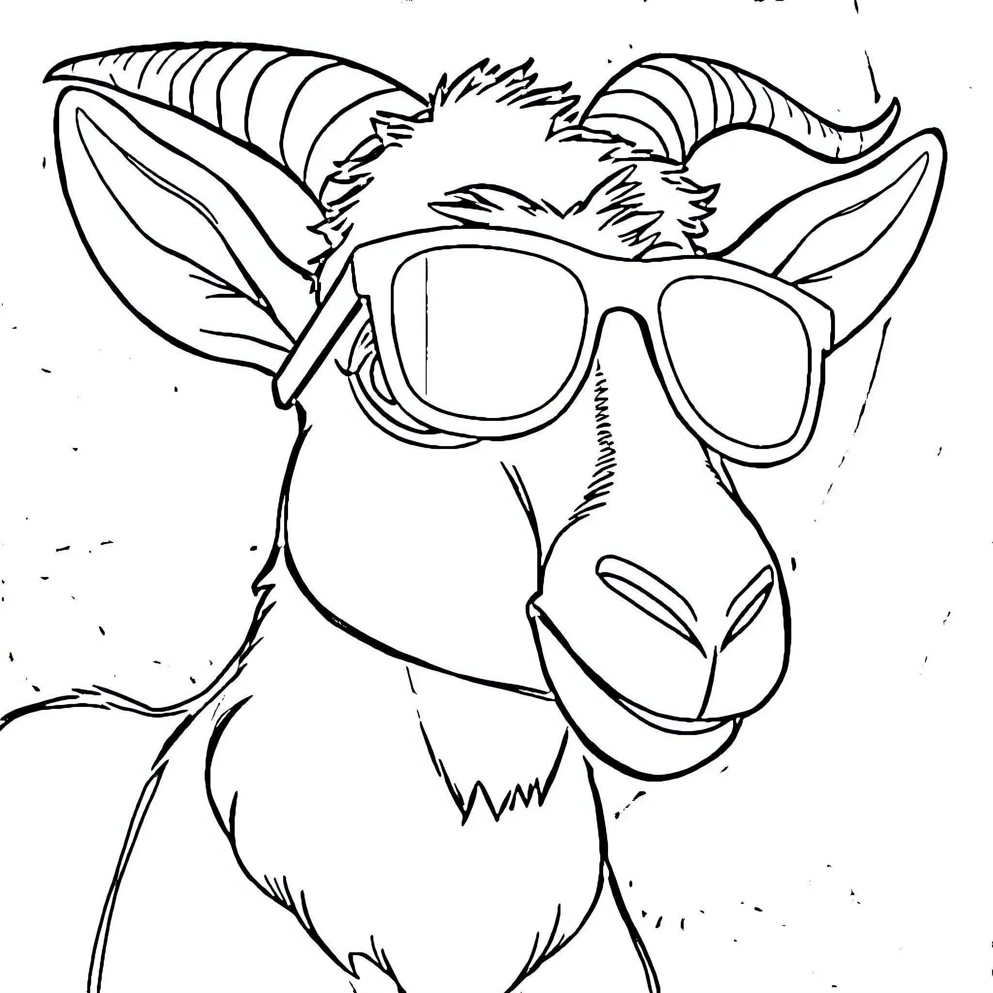 Goat wearing cool sunglasses Coloring Page (free black-and-white line drawing printable PDF for all, from beginners to advanced learners, including children, teens, adults, and seniors)