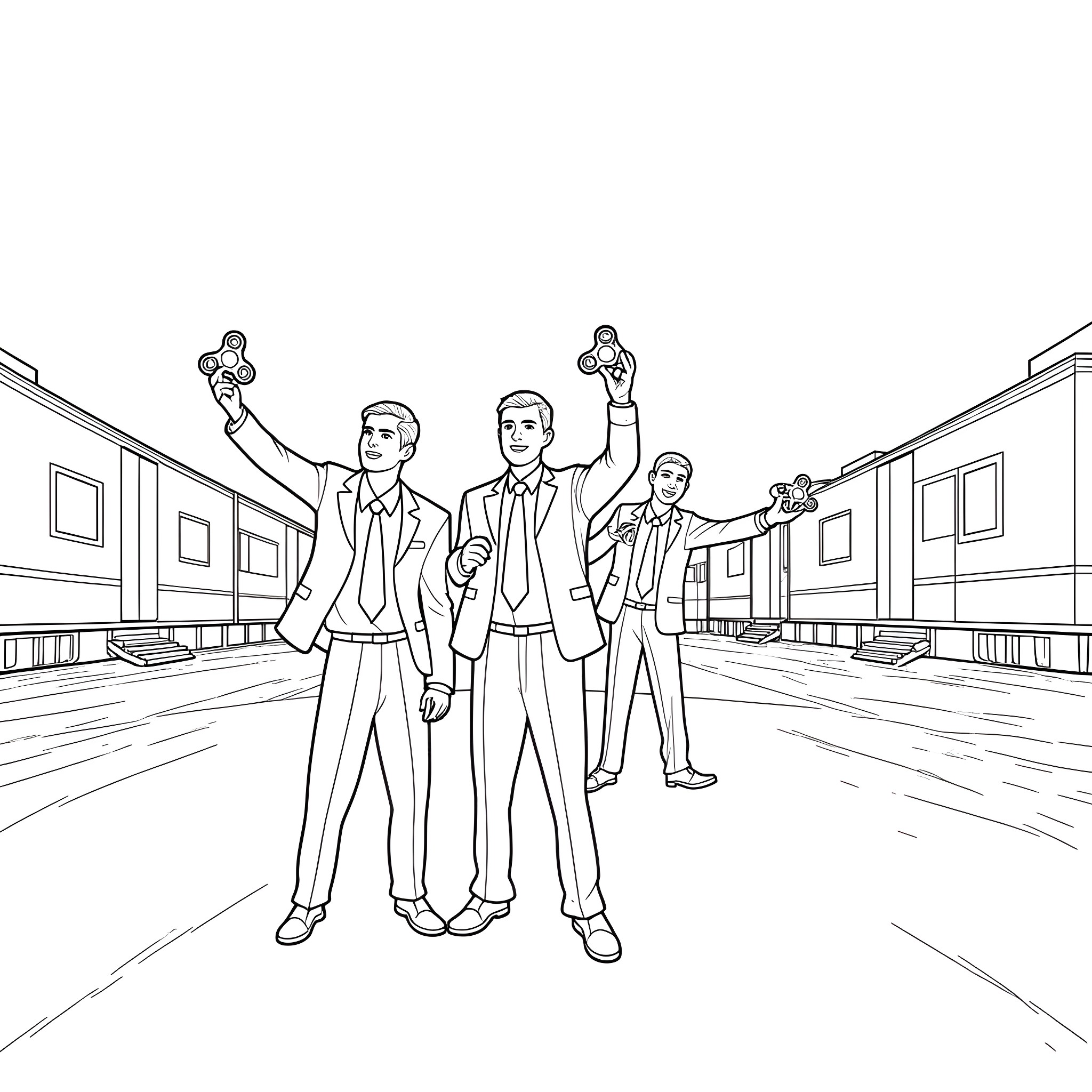 Businessmen celebrating victory in the office hallway Coloring Page (free black-and-white line drawing printable PDF for all, from beginners to advanced learners, including children, teens, adults, and seniors)