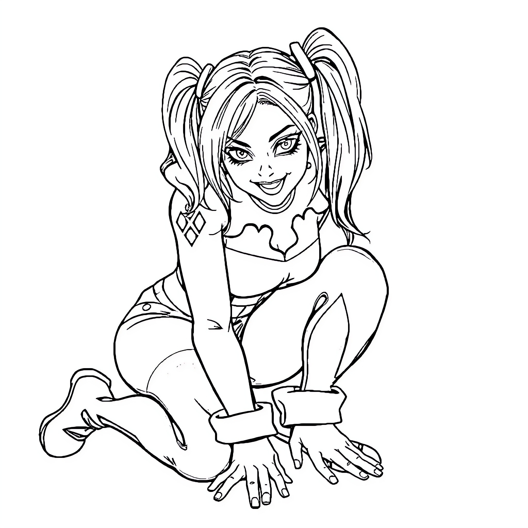 Harley Quinn in playful and expressive pose Coloring Page (free black-and-white line drawing printable PDF for all, from beginners to advanced learners, including children, teens, adults, and seniors)