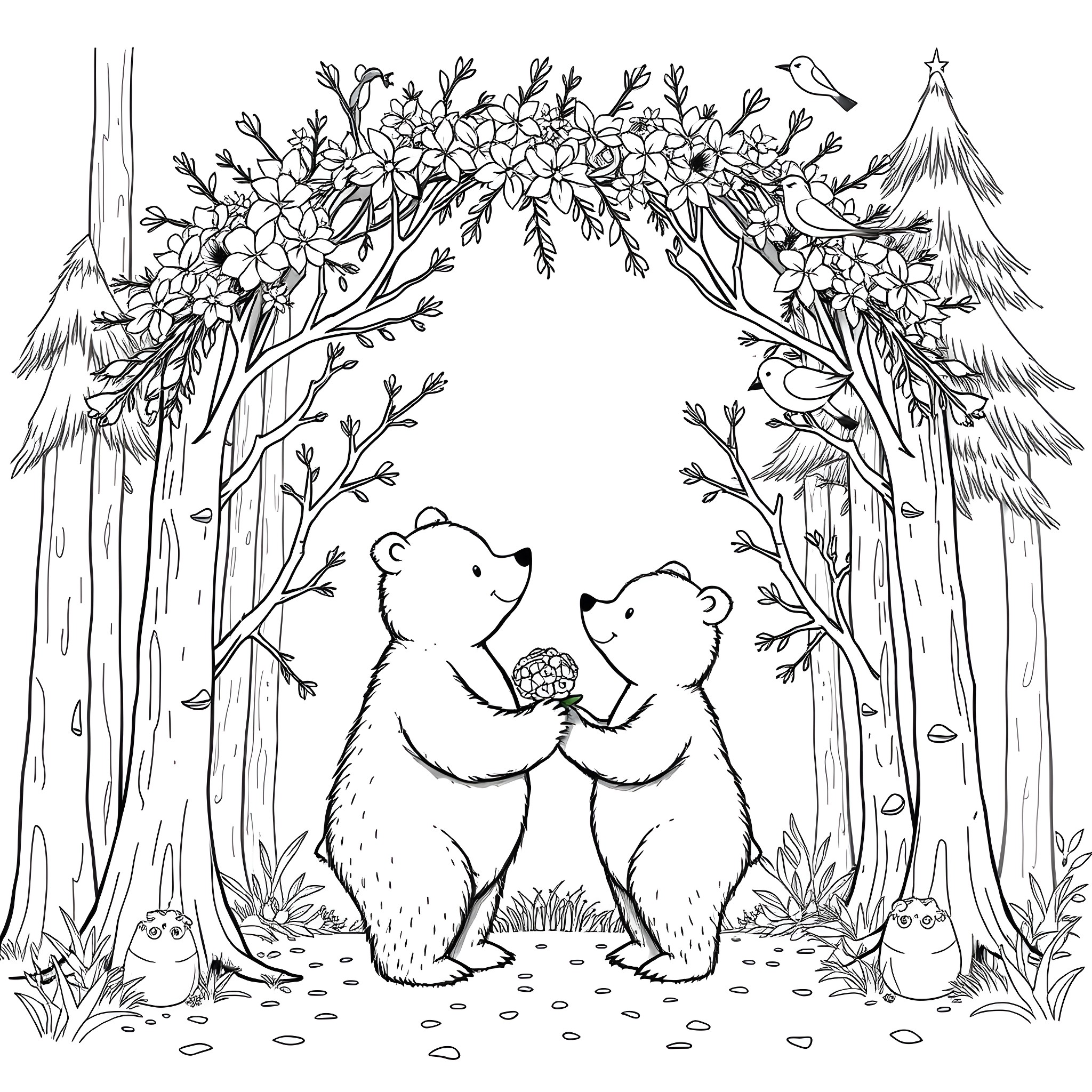 Bear couple admiring flowers in the forest Coloring Page (free black-and-white line drawing printable PDF for all, from beginners to advanced learners, including children, teens, adults, and seniors)