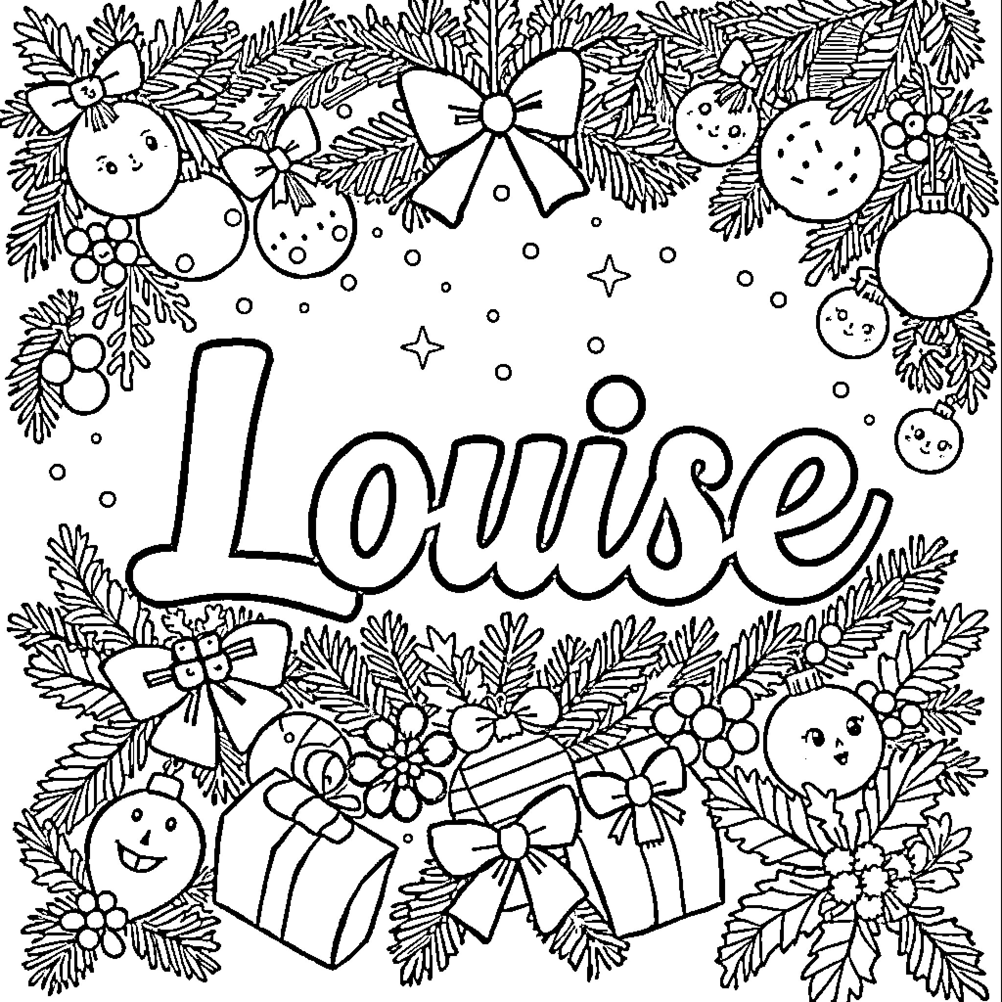 Louise's Cozy Winter Wonderland Coloring Page (free black-and-white line drawing printable PDF for all, from beginners to advanced learners, including children, teens, adults, and seniors)