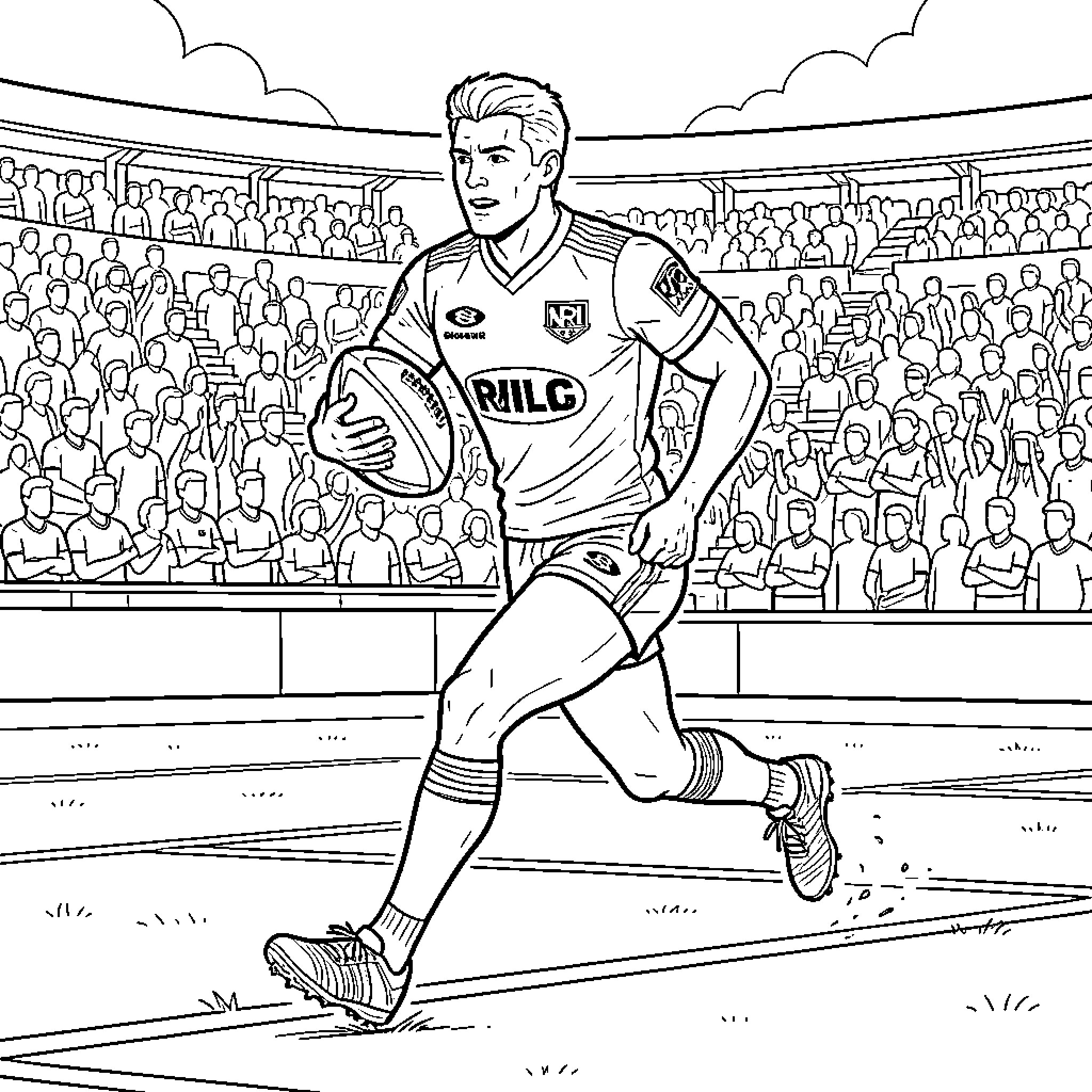 Reece Walsh running with a rugby ball in a stadium Coloring Page (free black-and-white line drawing printable PDF for all, from beginners to advanced learners, including children, teens, adults, and seniors)